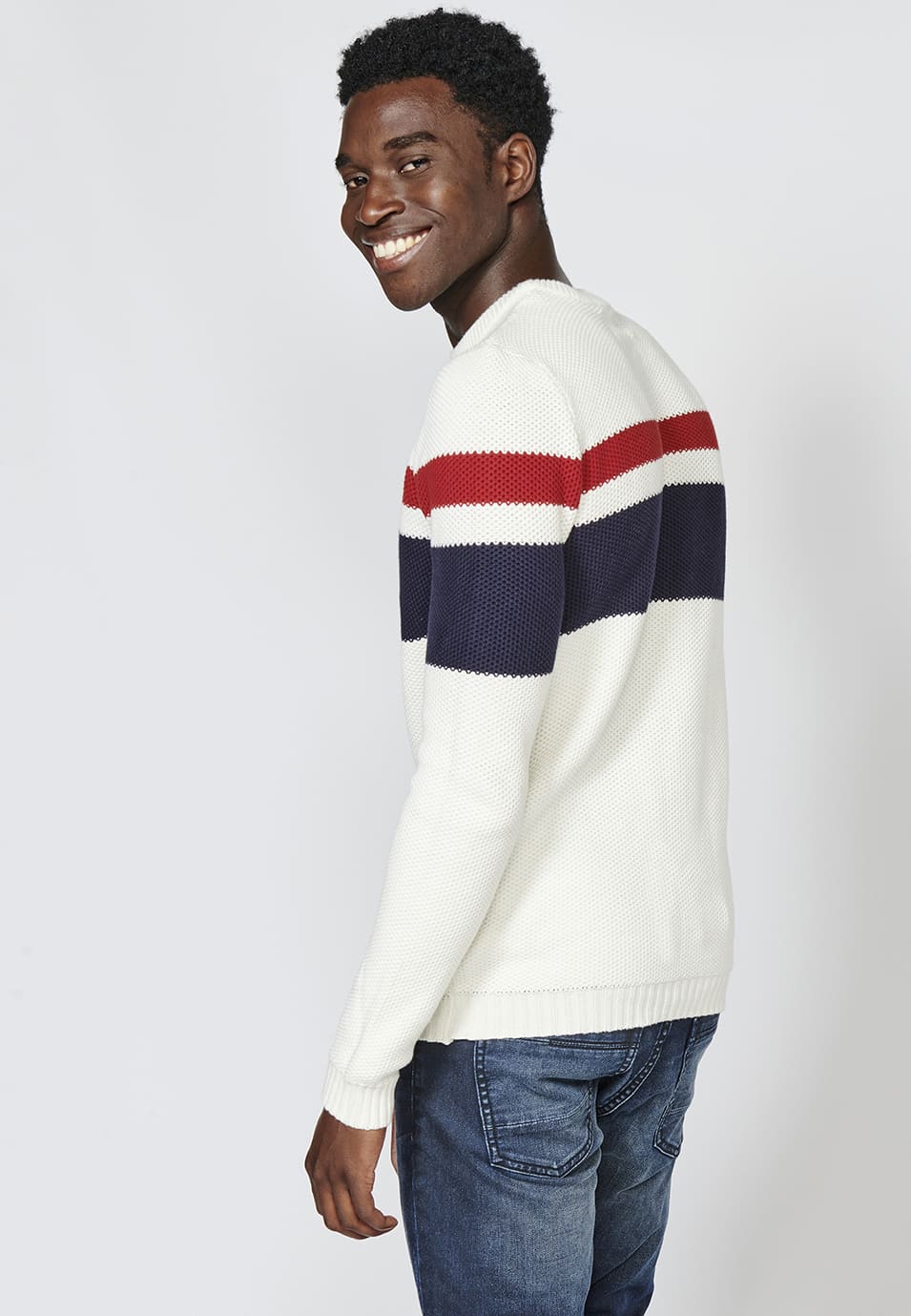 Jersey de punto con cuello redondo y estampado a rayas para hombre
