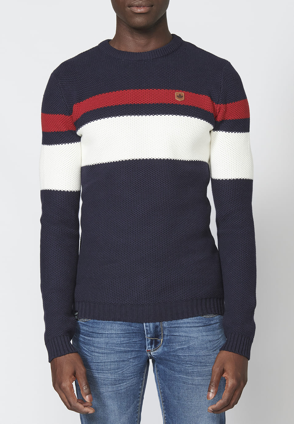 Jersey de punto con cuello redondo y estampado a rayas para hombre