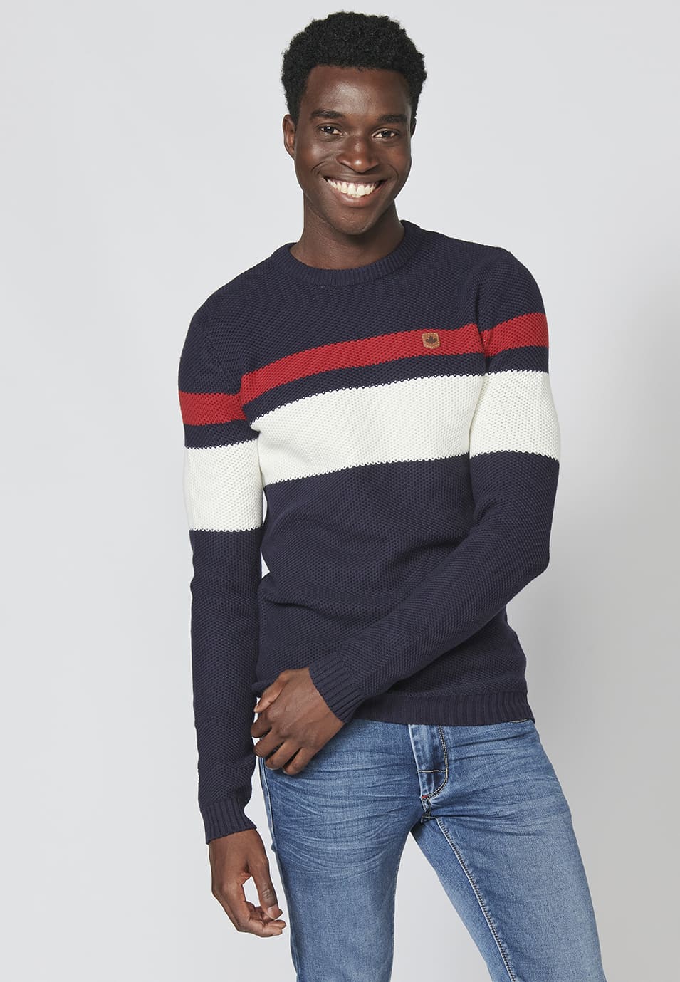 Jersey de punto con cuello redondo y estampado a rayas para hombre