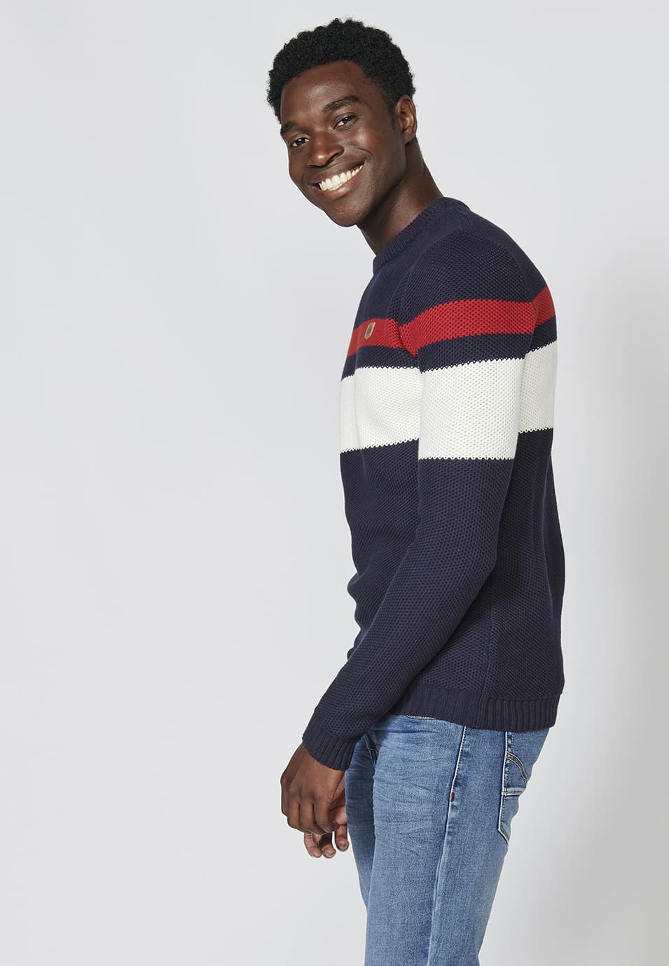Jersey de punto con cuello redondo y estampado a rayas para hombre