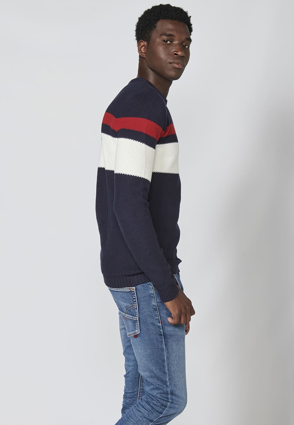 Jersey de punto con cuello redondo y estampado a rayas para hombre