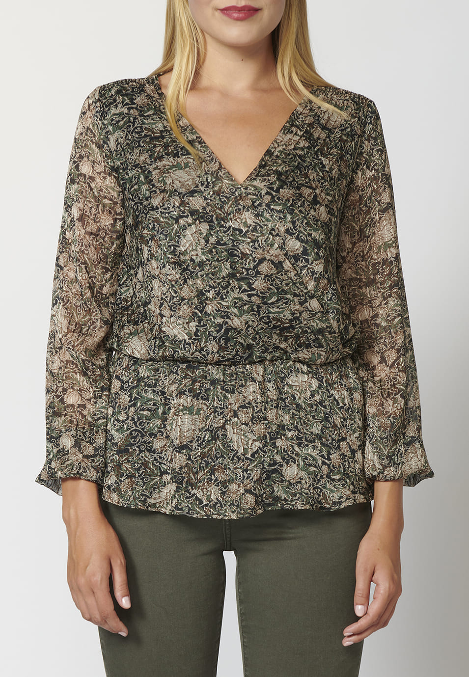 Blusa fluida manga larga para mujer con escote cruzado de pico