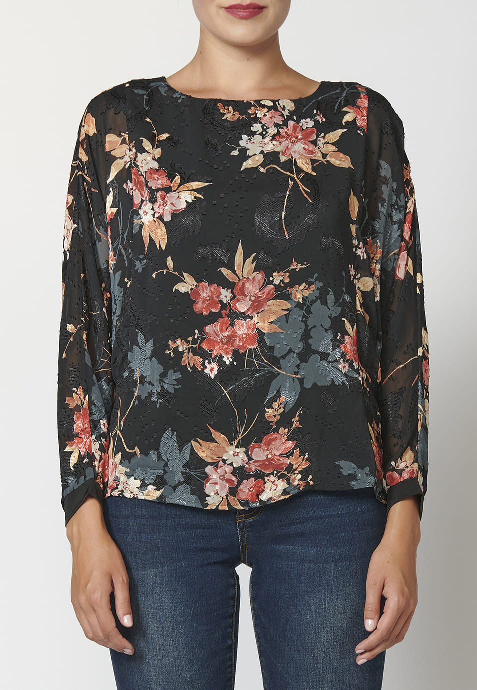 Blusa fluida de manga larga para mujer con estampado floral