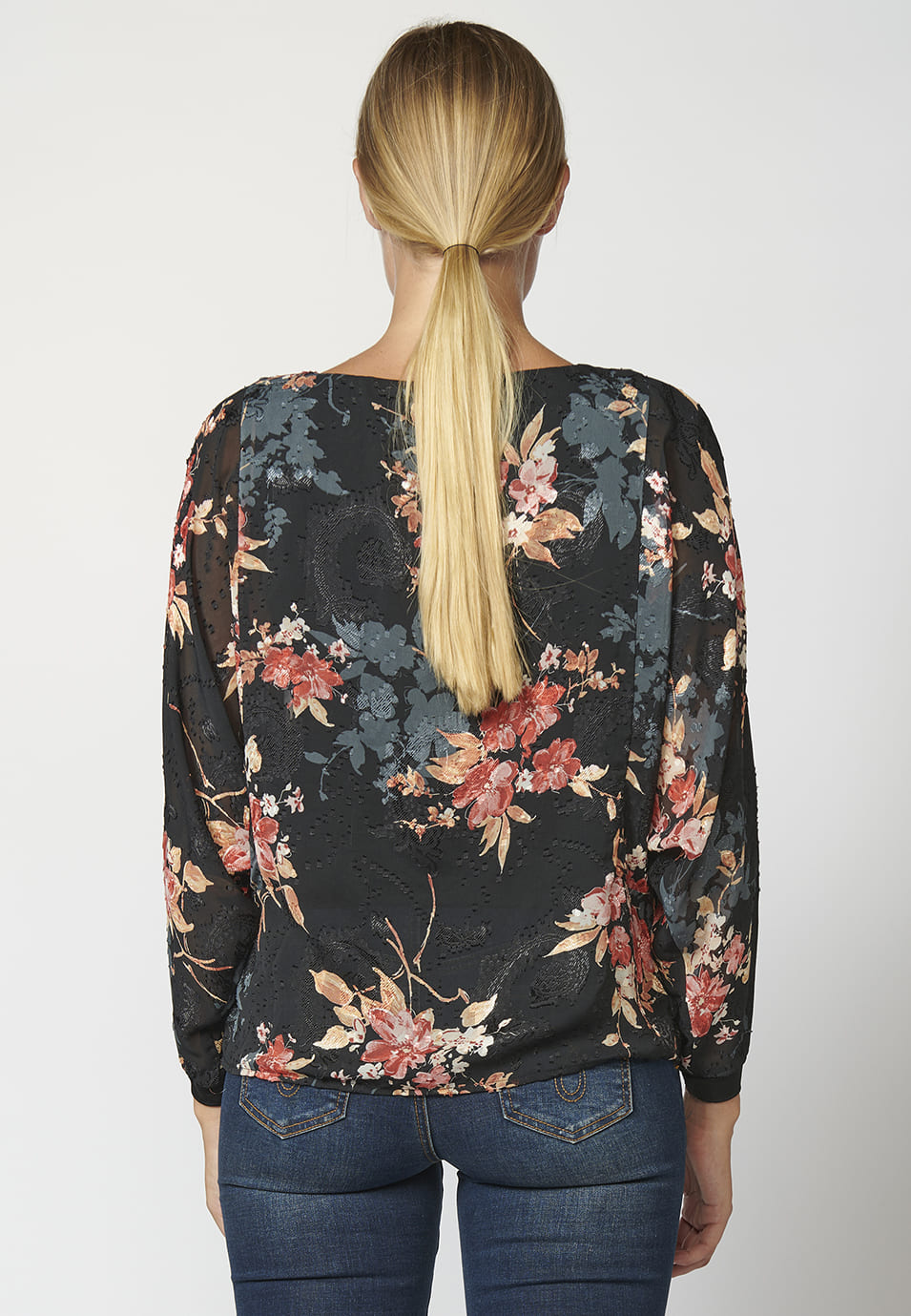 Blusa fluida de manga larga para mujer con estampado floral