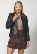 Chaqueta cazadora cuero sintético con detalles bordados florales para mujer