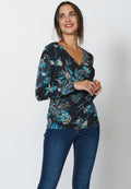 Camiseta manga larga con escote cruzado en pico y estampado floral étnico para mujer