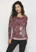 Camiseta manga larga acabada en rib con estampado floral para mujer