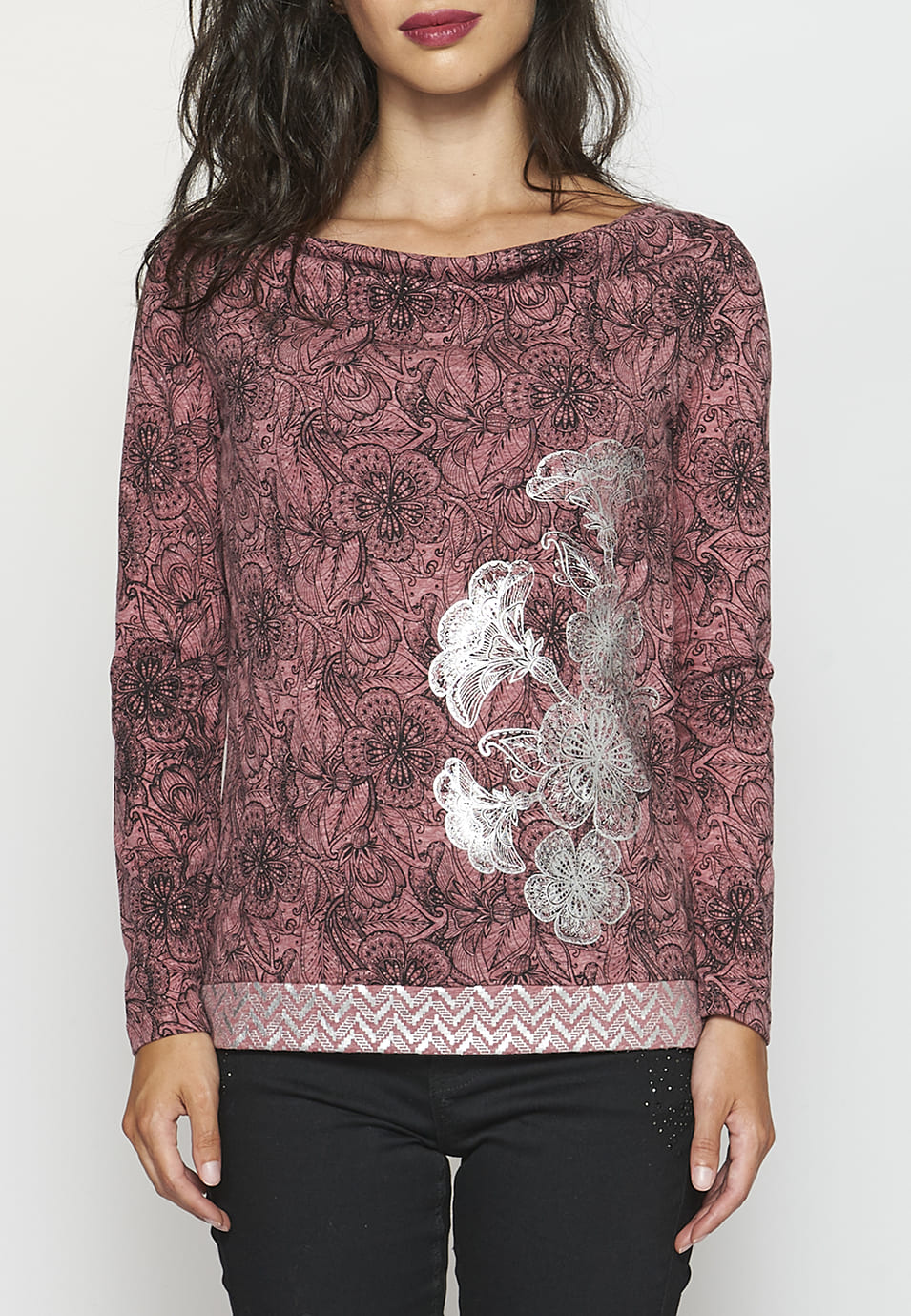 Camiseta manga larga acabada en rib con estampado floral para mujer