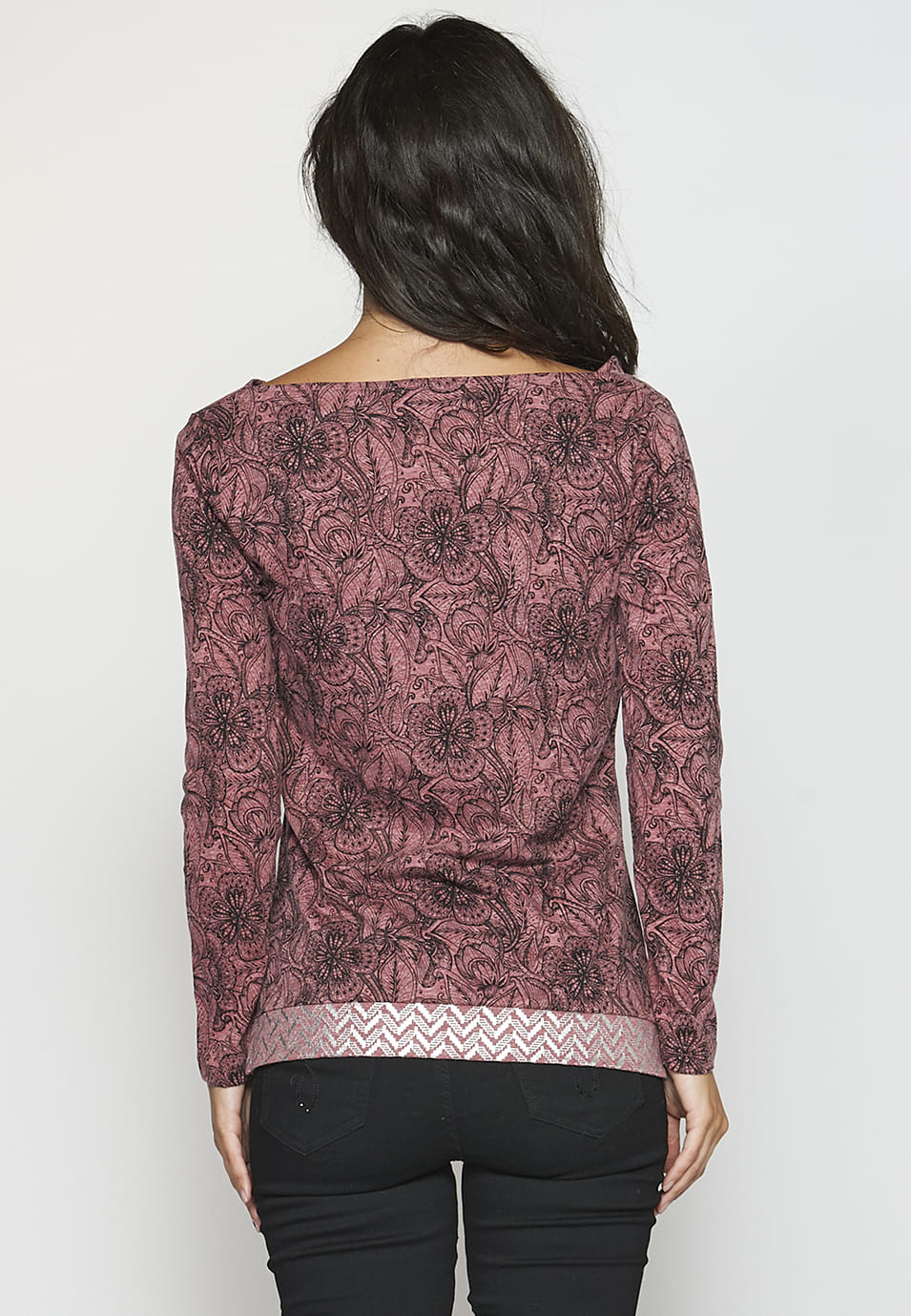 Camiseta manga larga acabada en rib con estampado floral para mujer
