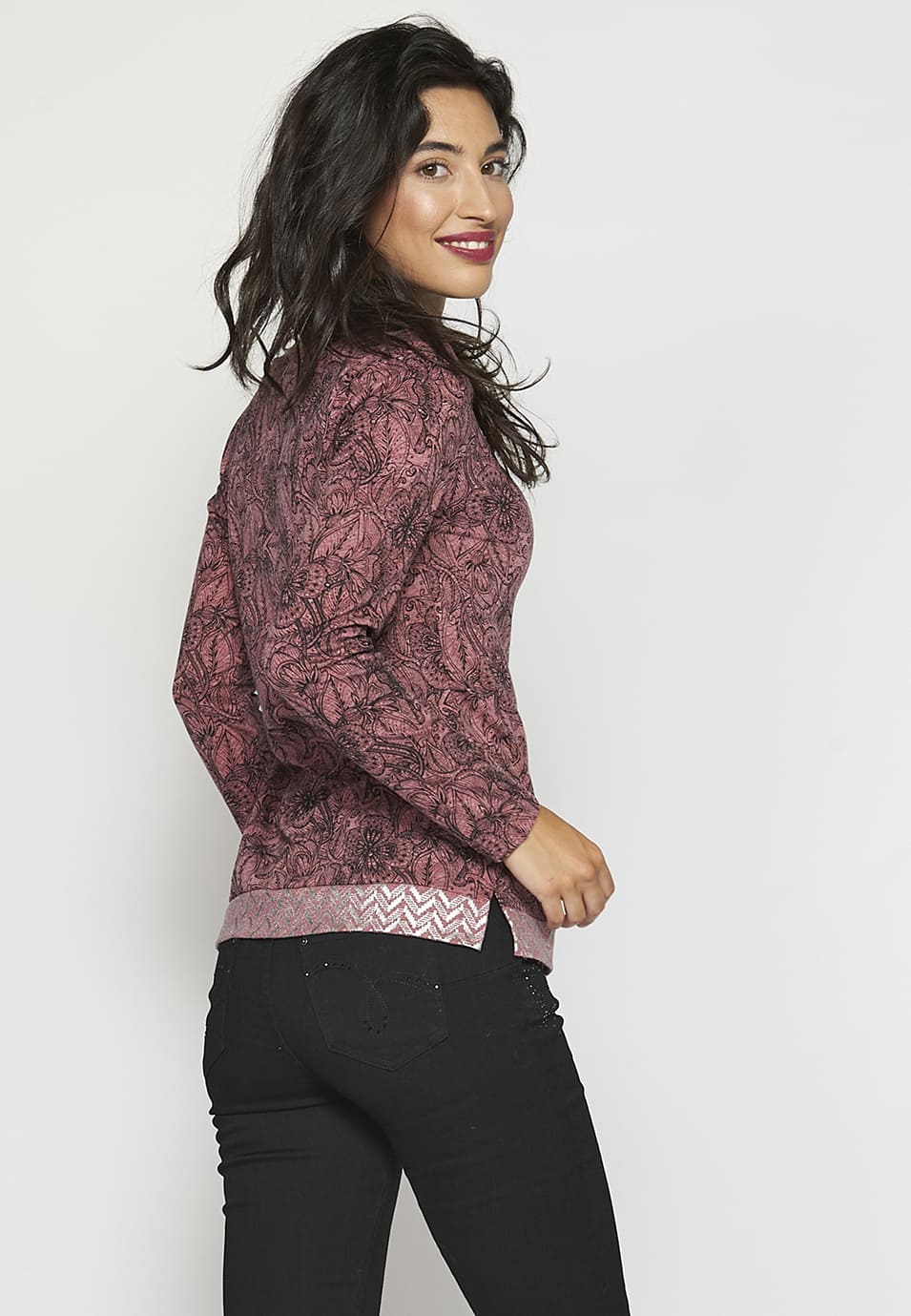 Camiseta manga larga acabada en rib con estampado floral para mujer