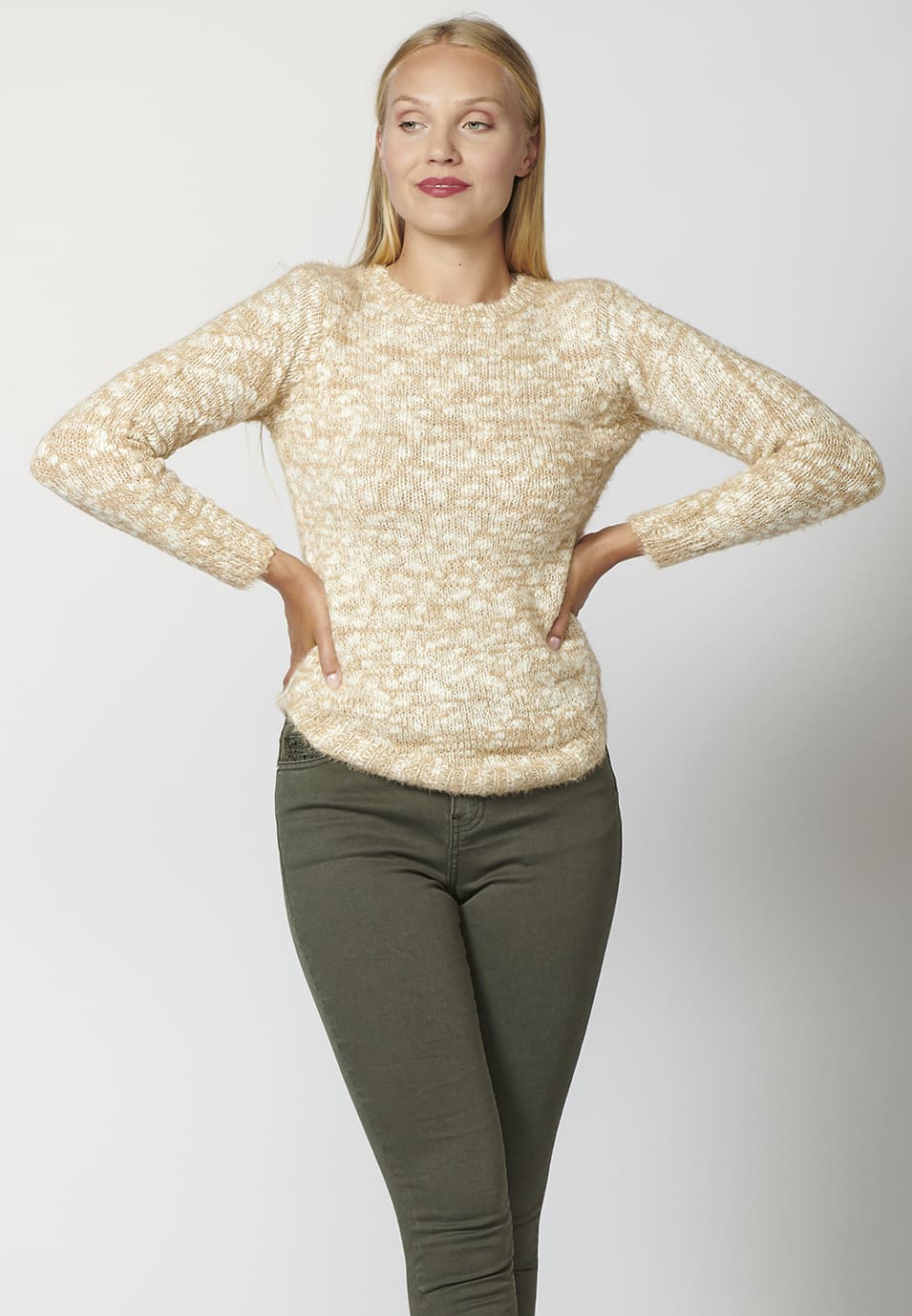 Jersey de punto manga larga cuello redondo para mujer