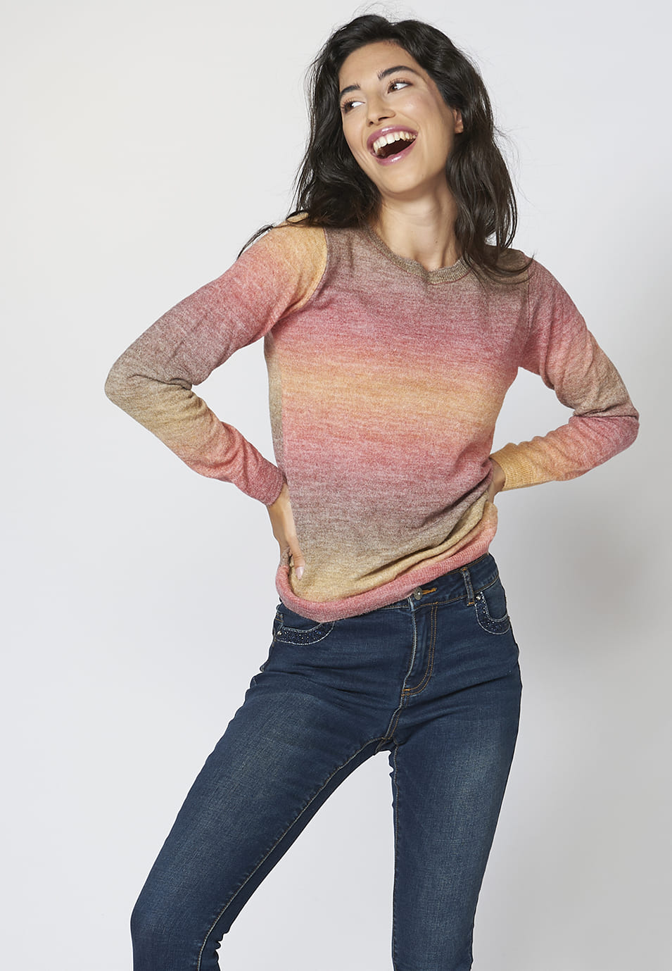 Jersey de punto tricot de cuello redondo punto fino multicolor para mujer