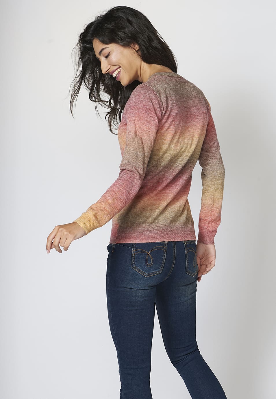 Jersey de punto tricot de cuello redondo punto fino multicolor para mujer