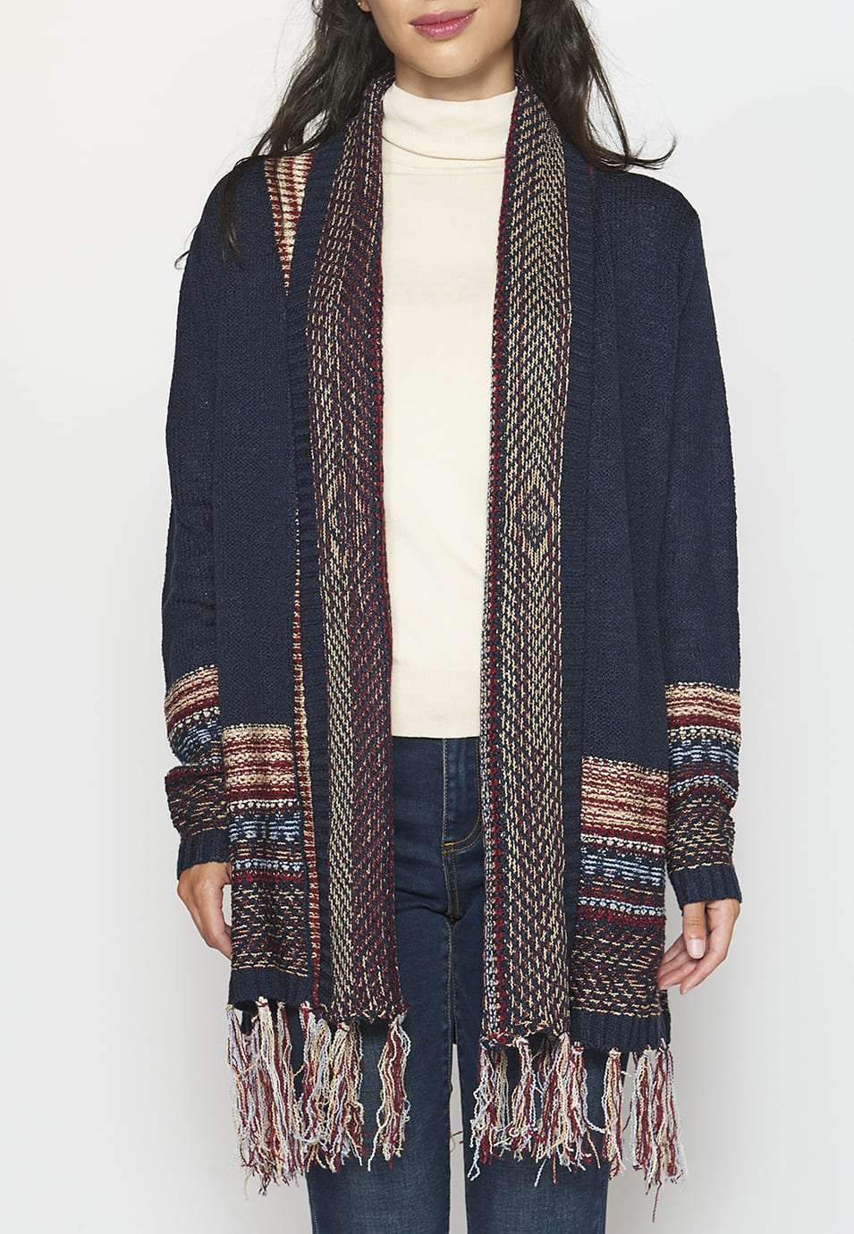 Chaqueta punto tricot efecto étnico y aflecos mujer