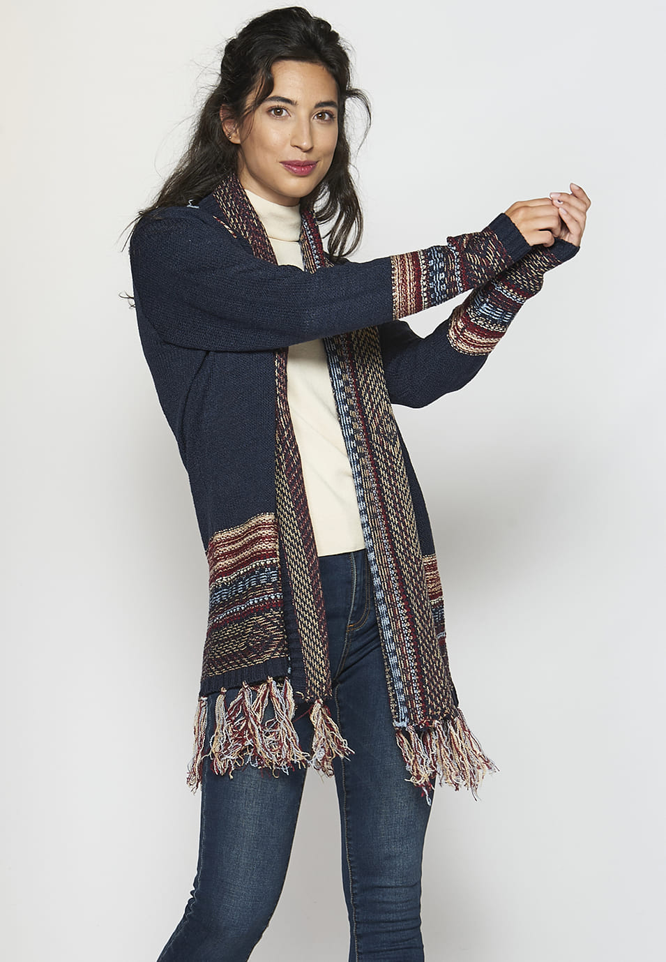 Chaqueta punto tricot efecto étnico y aflecos mujer
