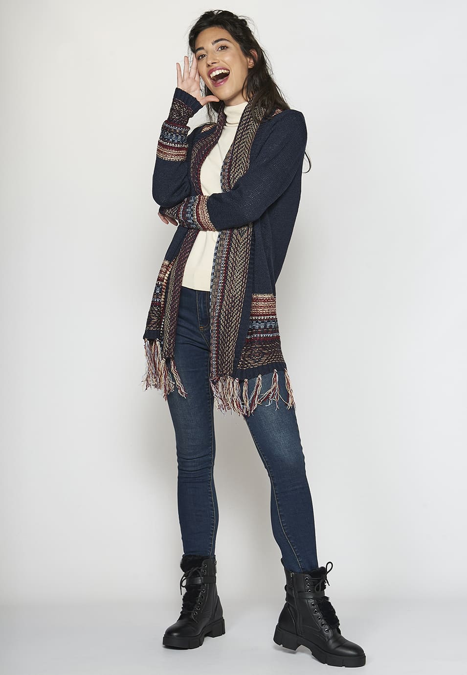 Chaqueta punto tricot efecto étnico y aflecos mujer
