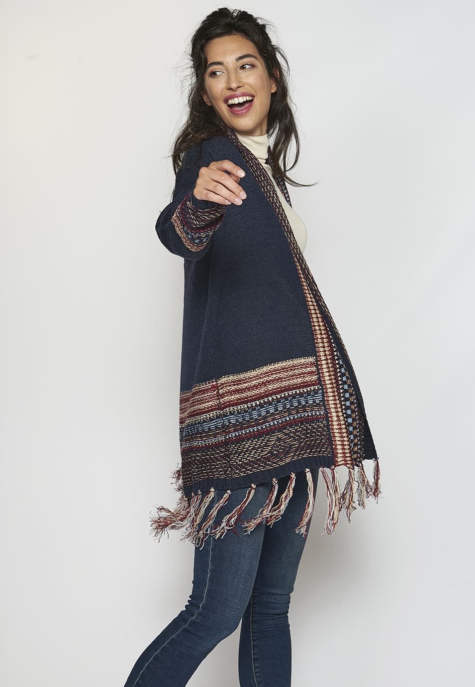 Chaqueta punto tricot efecto étnico y aflecos mujer