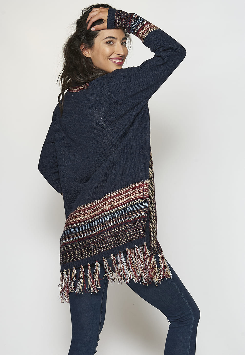 Chaqueta punto tricot efecto étnico y aflecos mujer