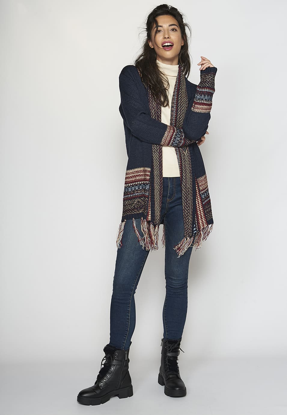 Chaqueta punto tricot efecto étnico y aflecos mujer