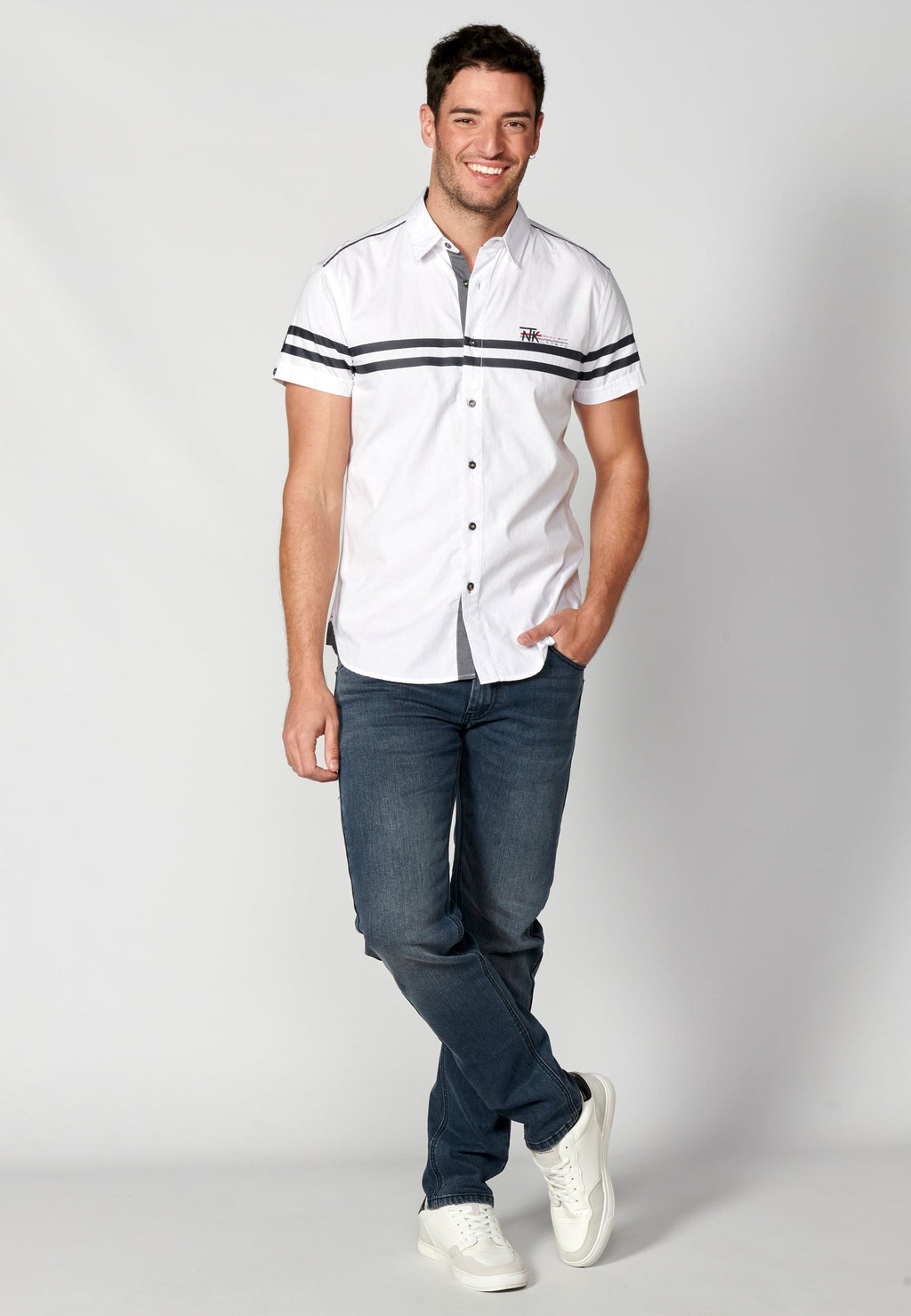 Camisa Hombre Manga Corta Algodón Rayas Contraste Blanca – Koroshi