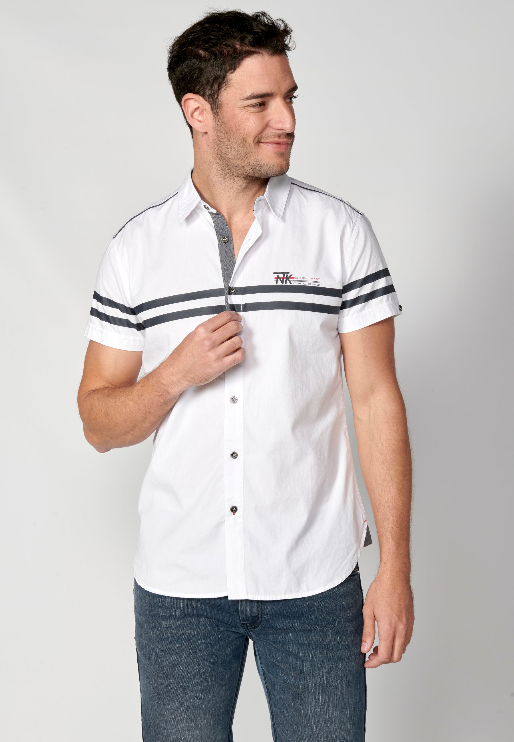 Camisa Hombre Manga Corta Algodón Rayas Contraste Blanca – Koroshi