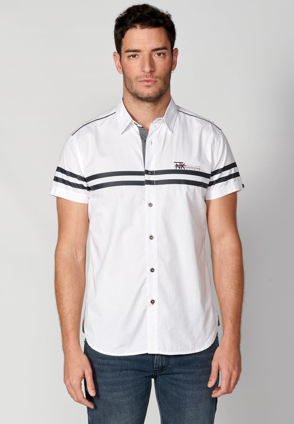 Camisa Hombre Manga Corta Algodón Rayas Contraste Blanca – Koroshi