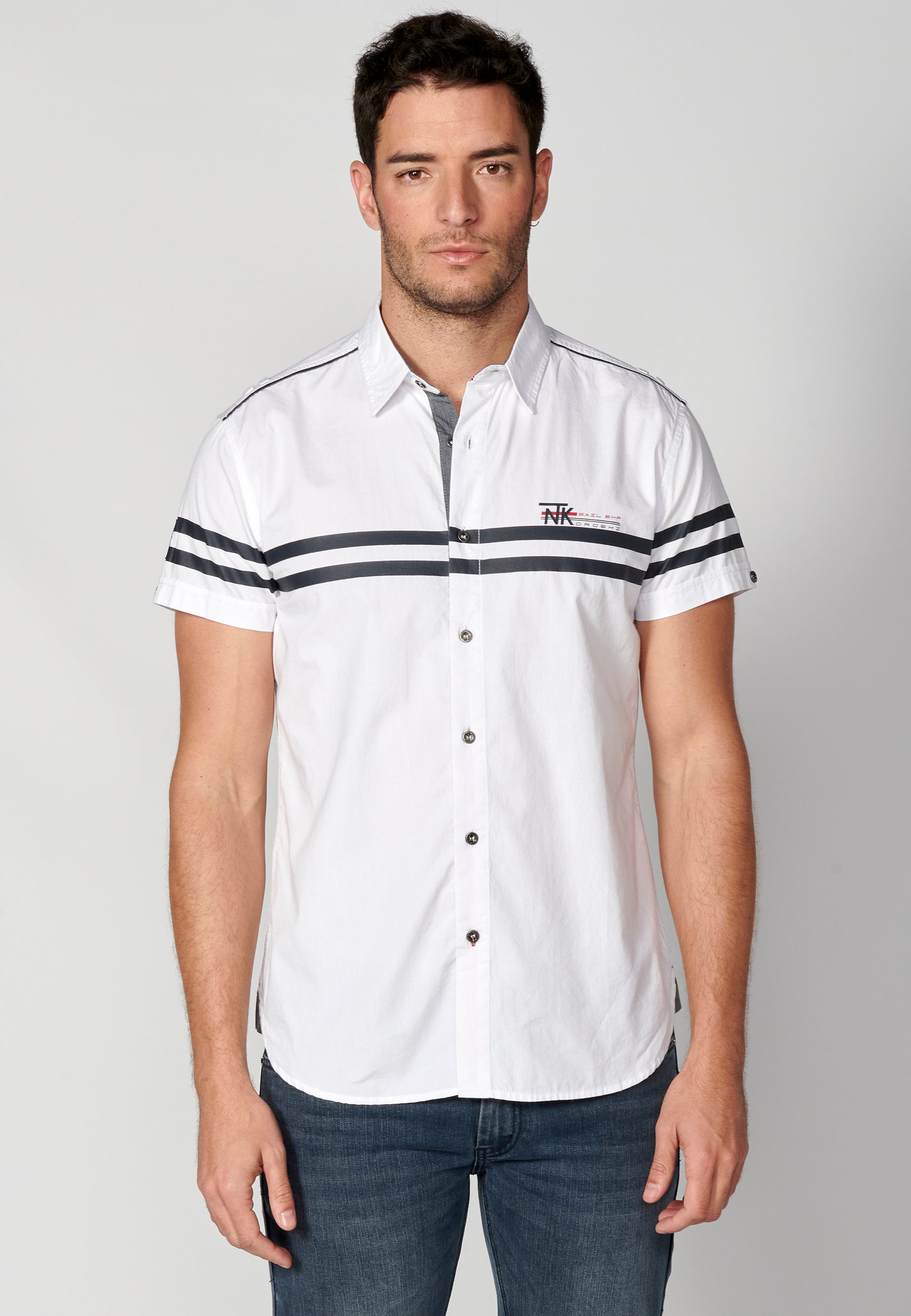 Camisa Hombre Manga Corta Algodón Rayas Contraste Blanca – Koroshi