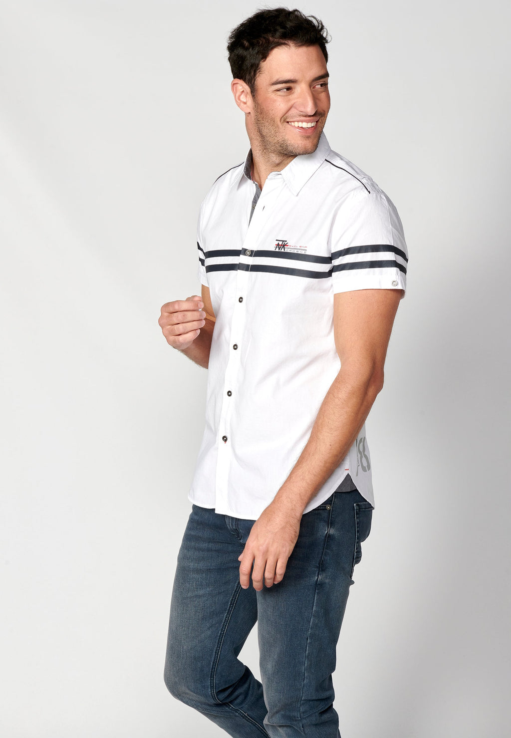 Camisa Hombre Manga Corta Algodón Rayas Contraste Blanca – Koroshi