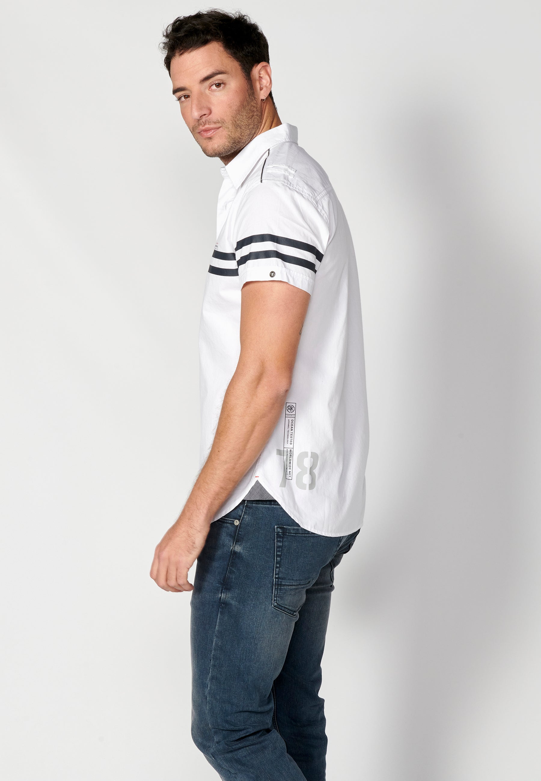 Camisa Hombre Manga Corta Algodón Rayas Contraste Blanca – Koroshi