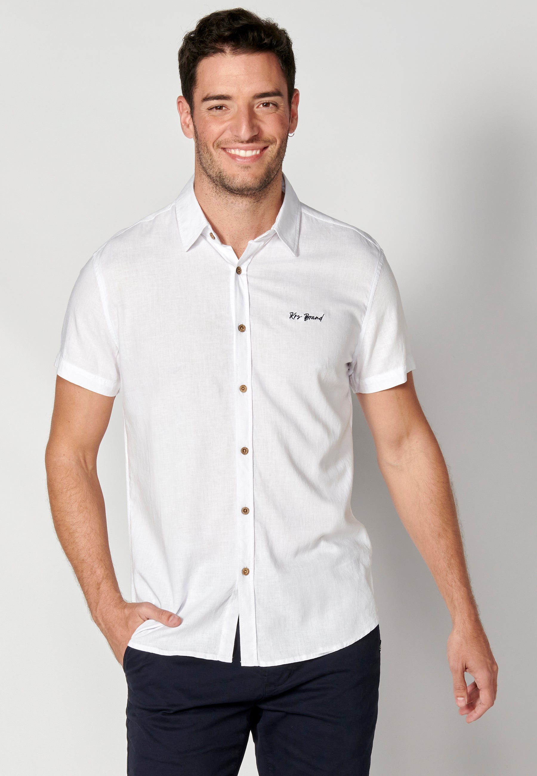 Camisa Hombre Manga Corta Lino Viscosa con Vuelta en Manga – Koroshi 2311CC08
