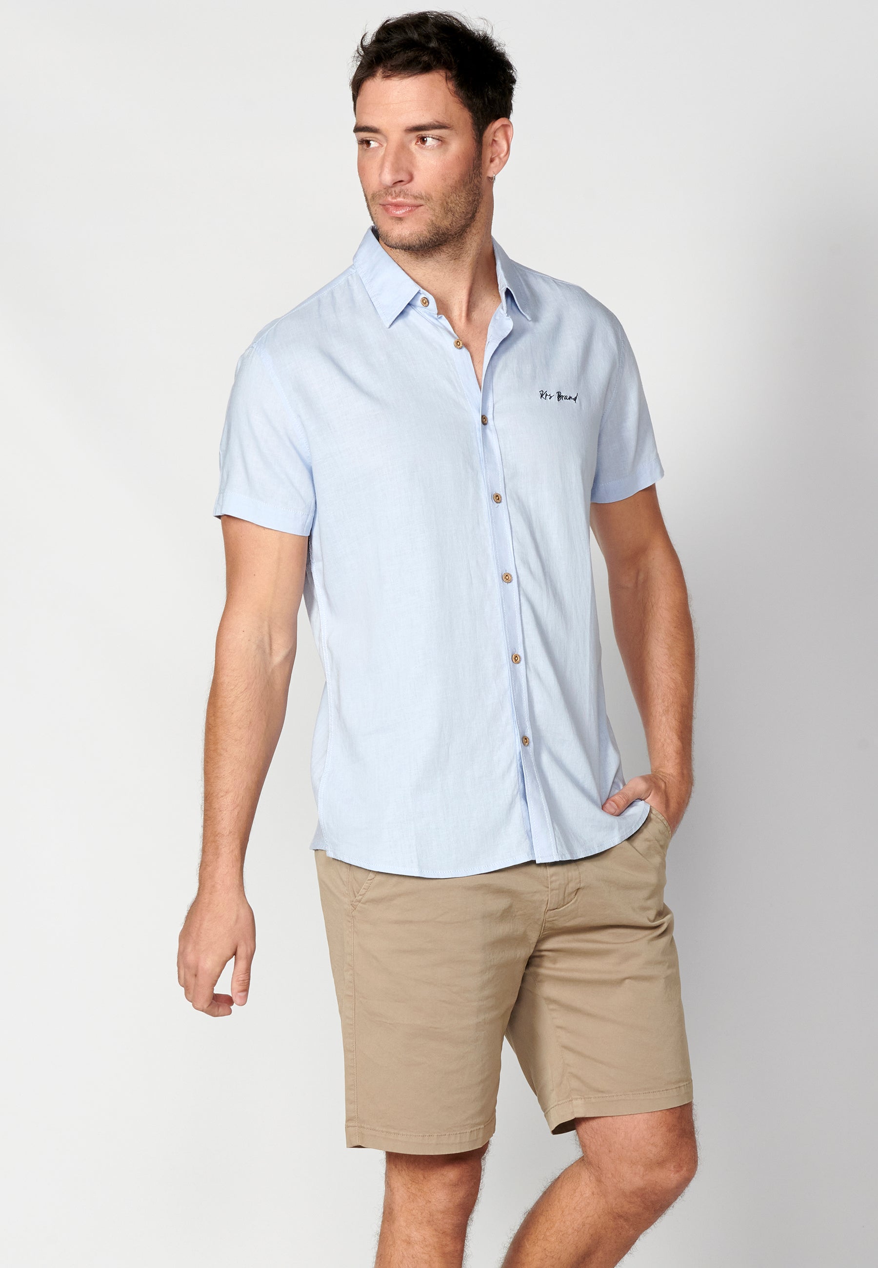 Camisa Hombre Manga Corta Lino Viscosa con Vuelta en Manga – Koroshi 2311CC08