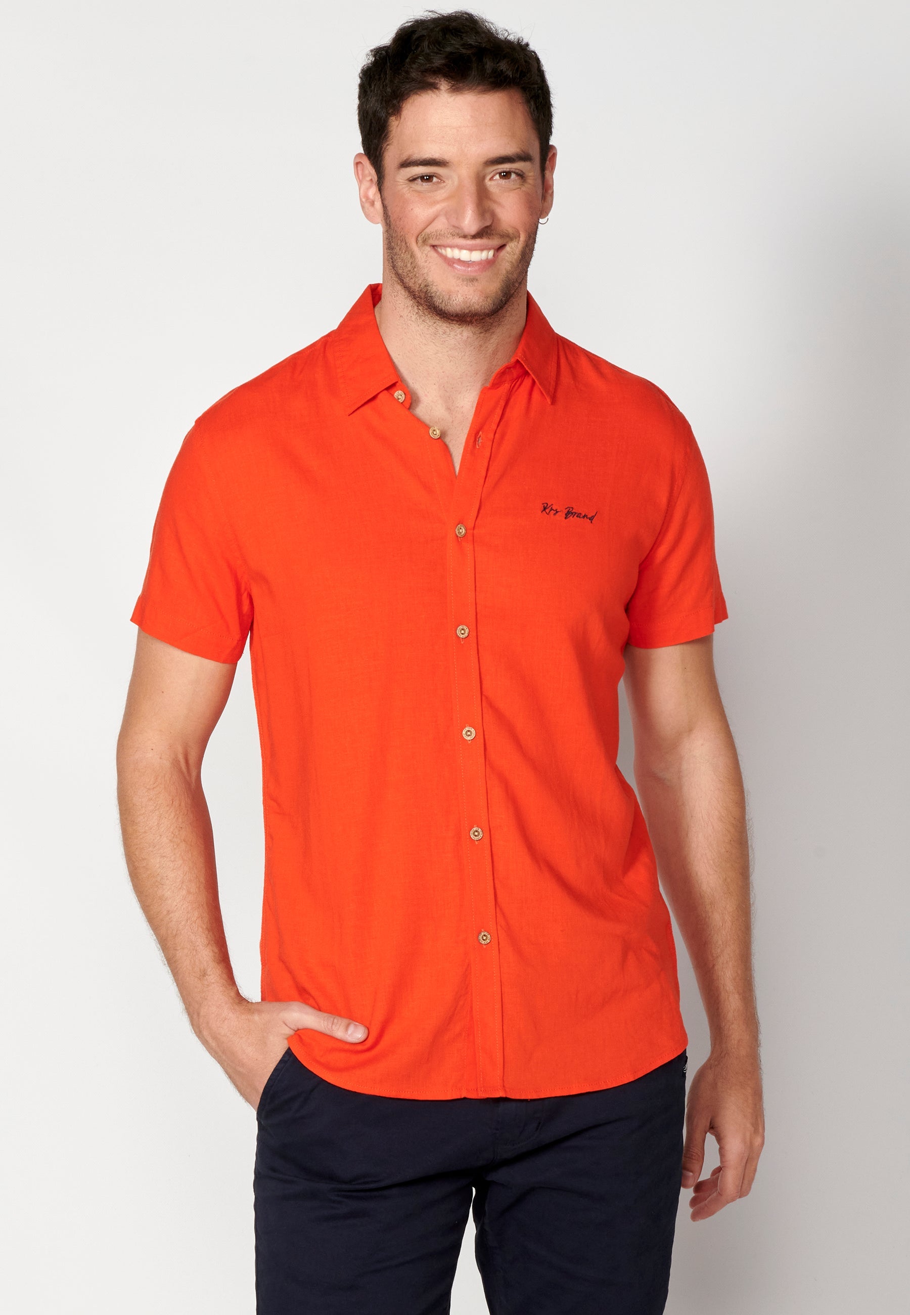 Camisa Hombre Manga Corta Lino Viscosa con Vuelta en Manga – Koroshi 2311CC08