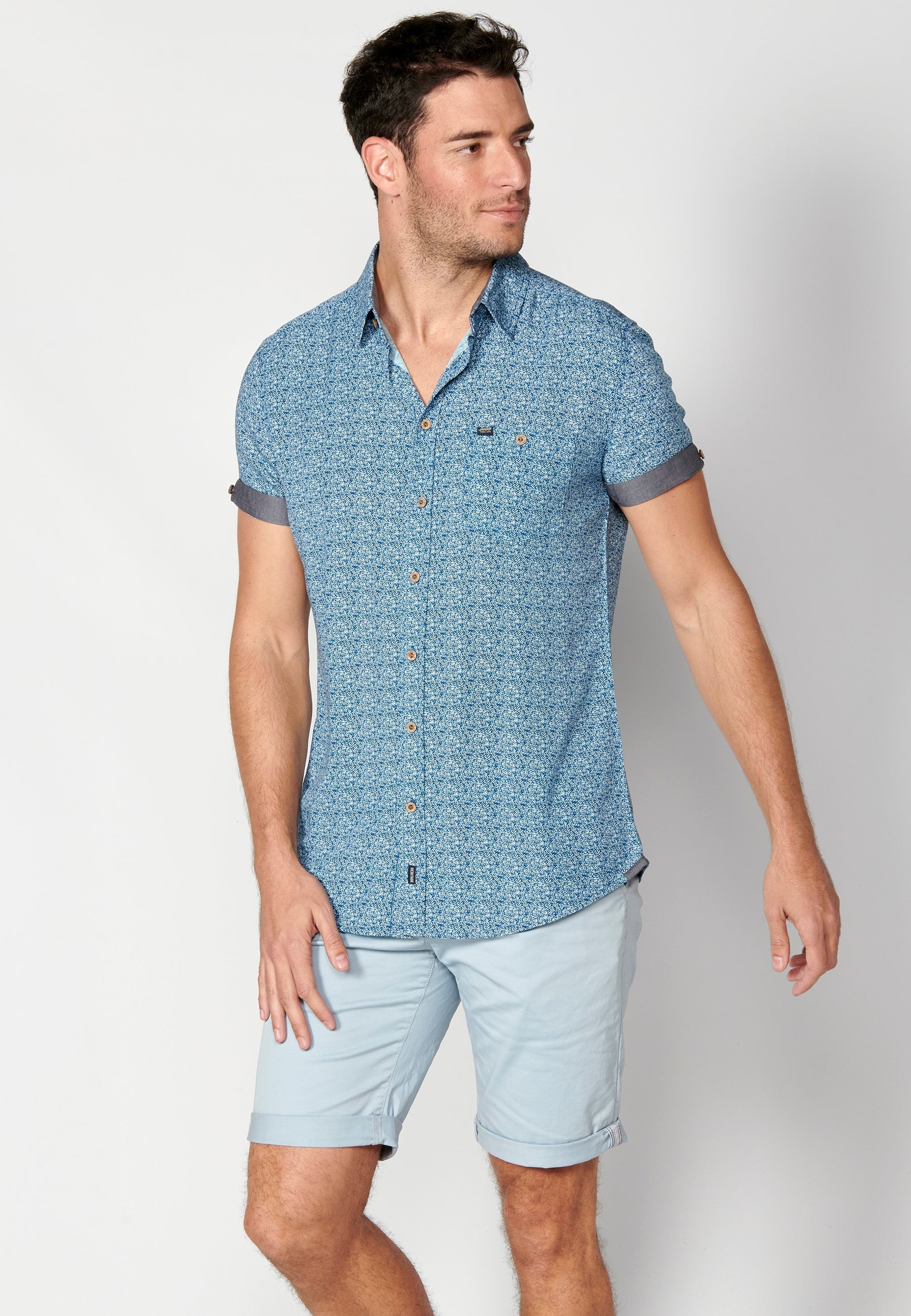 Camisa Hombre Manga Corta Micro Estampado con Bolsillo – Koroshi 2311CC33