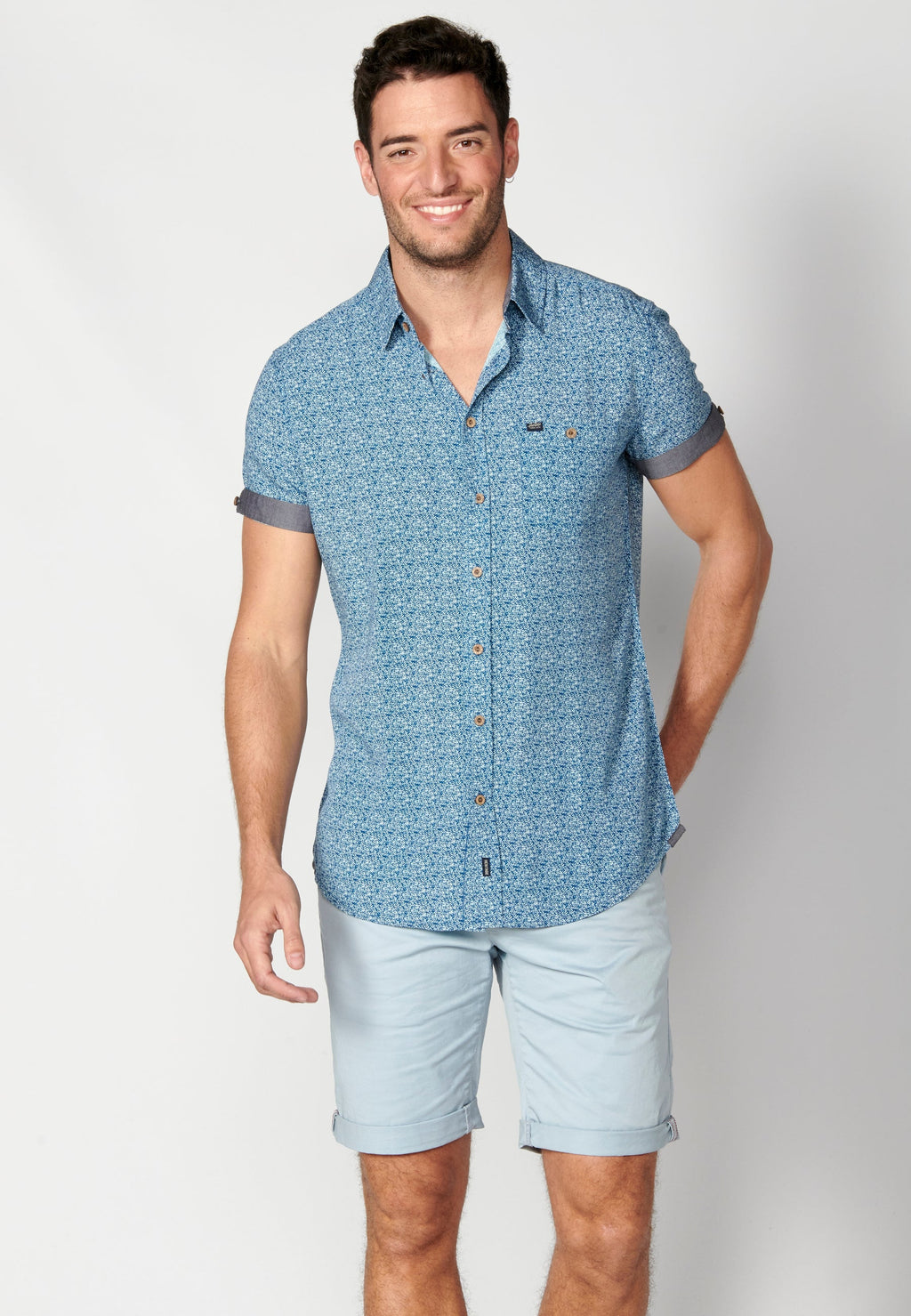 Camisa Hombre Manga Corta Micro Estampado con Bolsillo – Koroshi 2311CC33