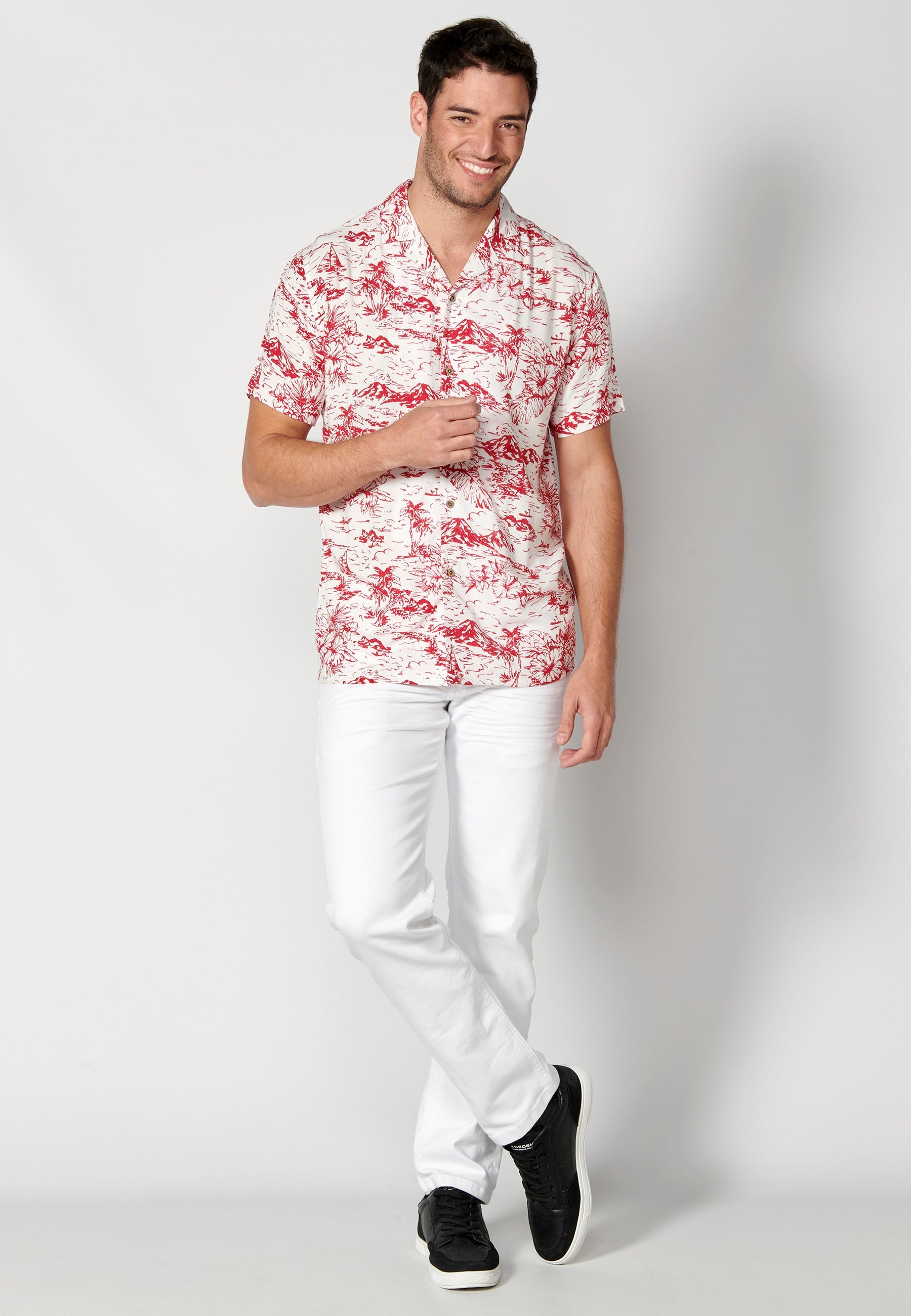 Camisa Hombre Manga Corta Cuello Cubano Estampado Hawaiano Viscosa – Koroshi 2311CC38