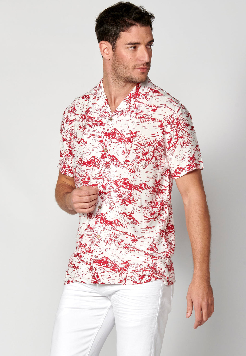 Camisa Hombre Manga Corta Cuello Cubano Estampado Hawaiano Viscosa – Koroshi 2311CC38
