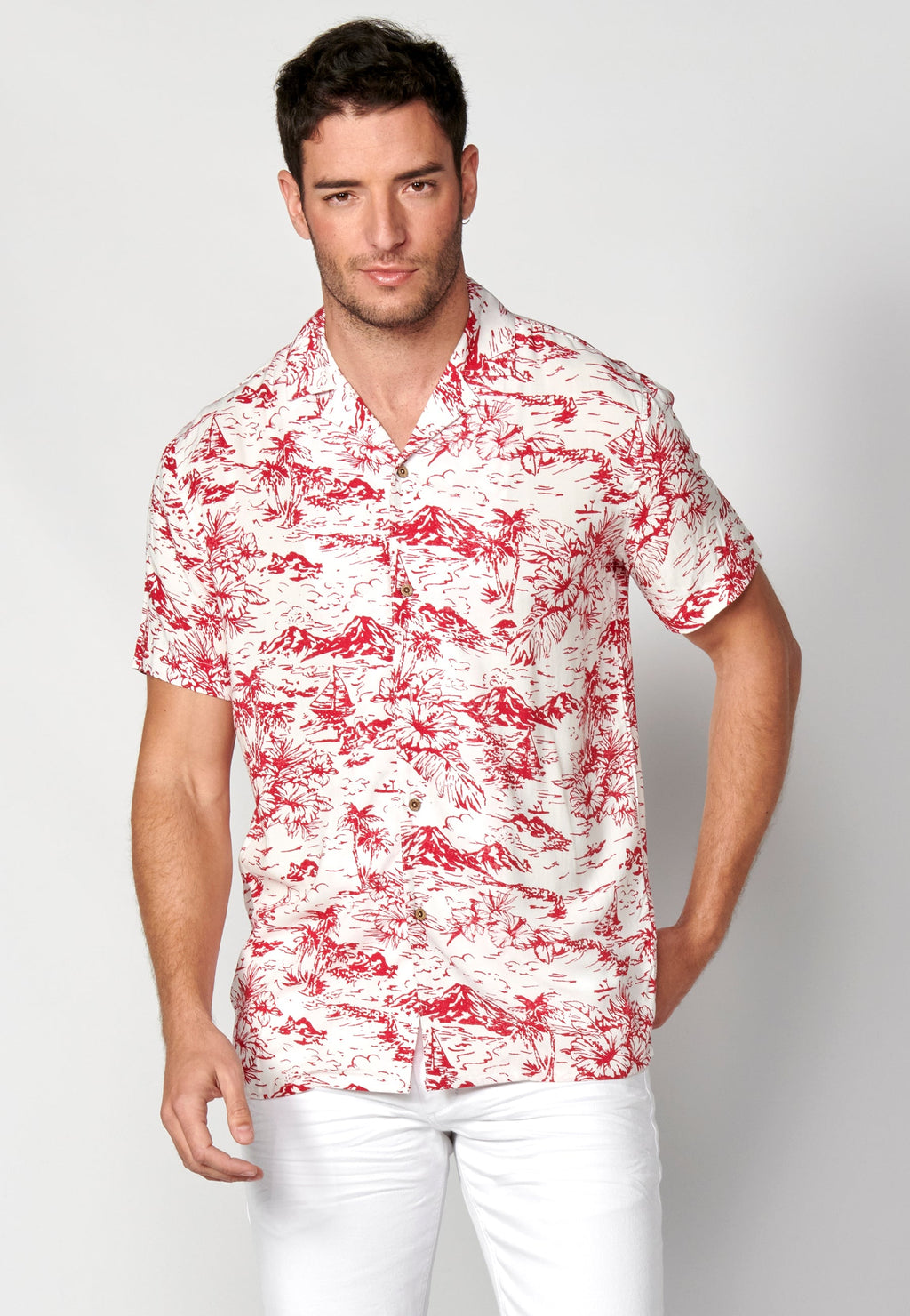 Camisa Hombre Manga Corta Cuello Cubano Estampado Hawaiano Viscosa – Koroshi 2311CC38
