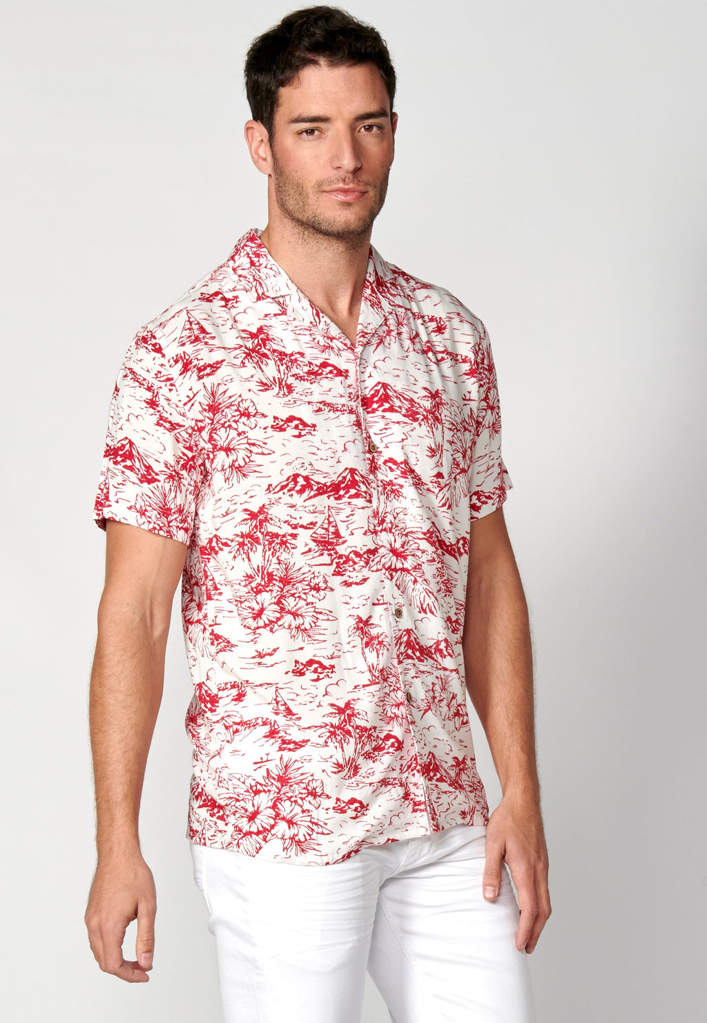 Camisa Hombre Manga Corta Cuello Cubano Estampado Hawaiano Viscosa – Koroshi 2311CC38