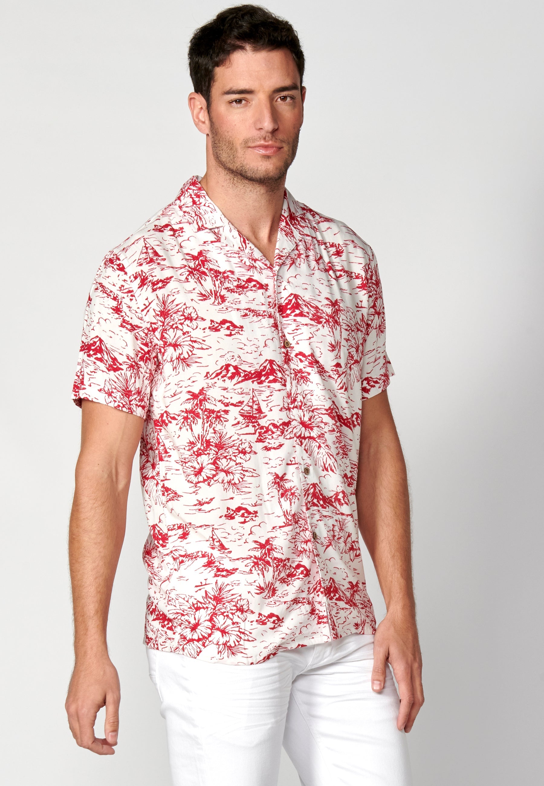 Camisa Hombre Manga Corta Cuello Cubano Estampado Hawaiano Viscosa – Koroshi 2311CC38