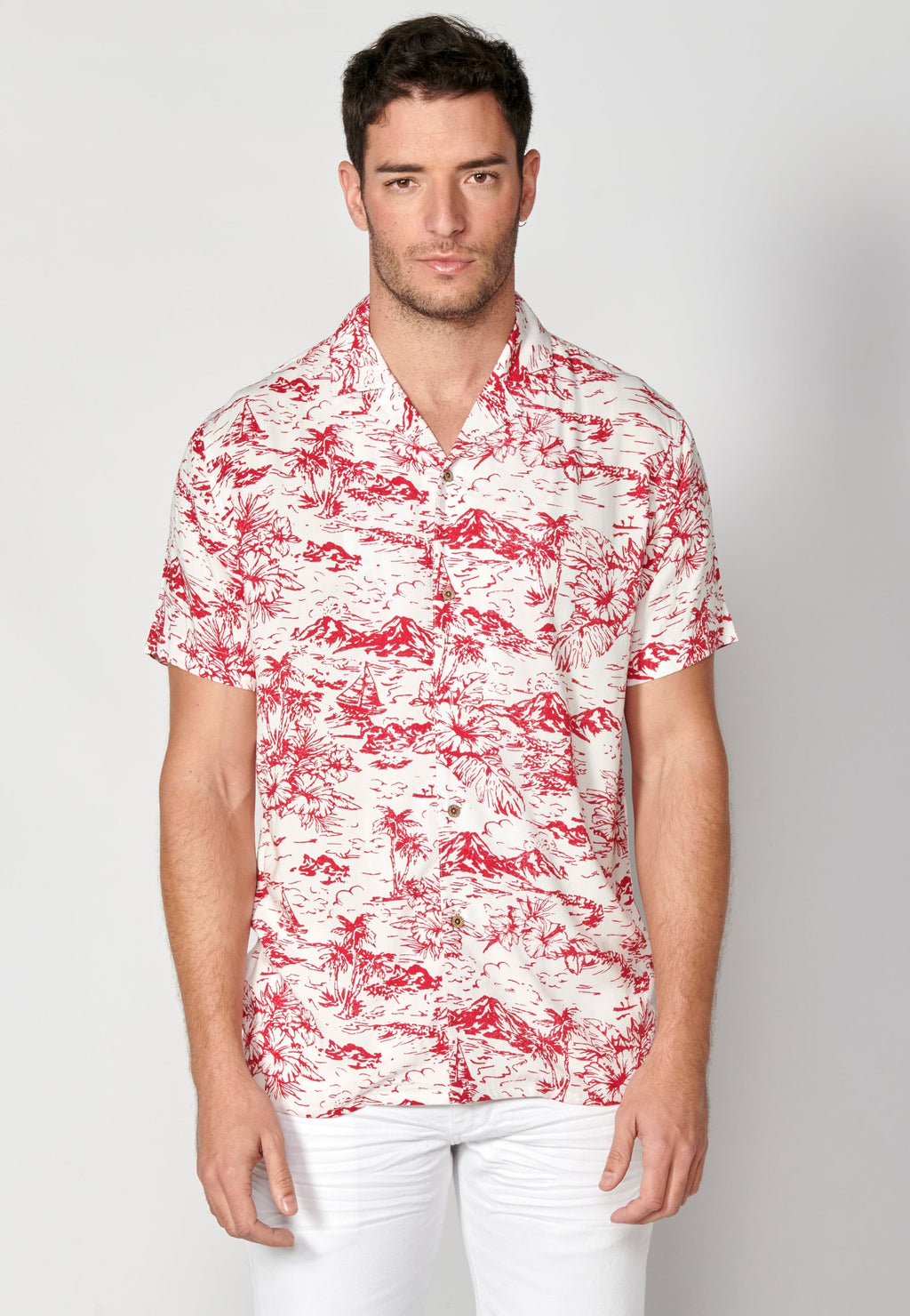 Camisa Hombre Manga Corta Cuello Cubano Estampado Hawaiano Viscosa – Koroshi 2311CC38