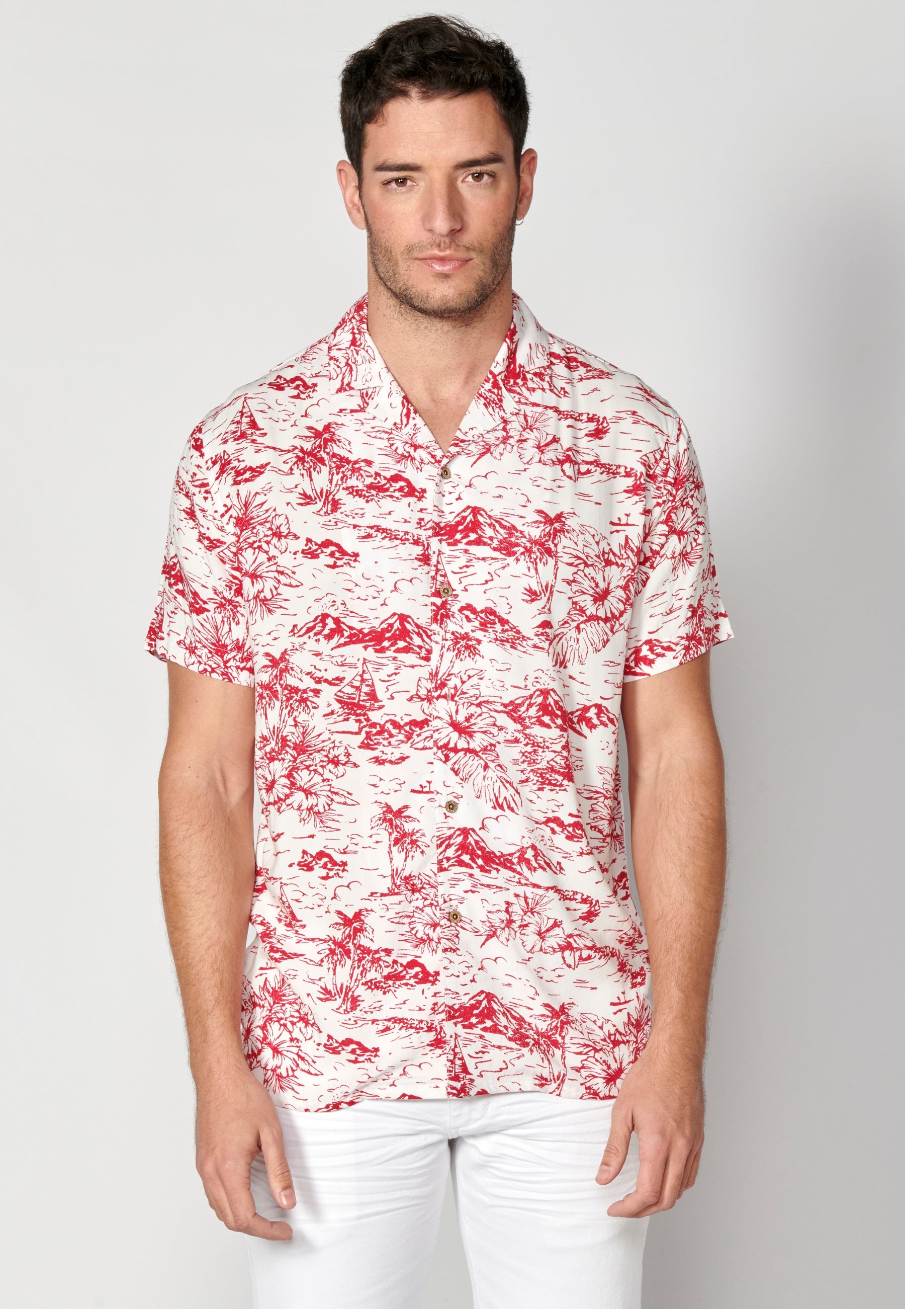 Camisa Hombre Manga Corta Cuello Cubano Estampado Hawaiano Viscosa – Koroshi 2311CC38