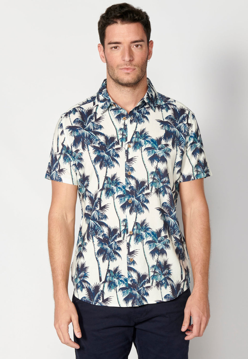 Camisa Hombre Manga Corta Estampado Palmeras Algodón Viscosa – Koroshi 2311CC39