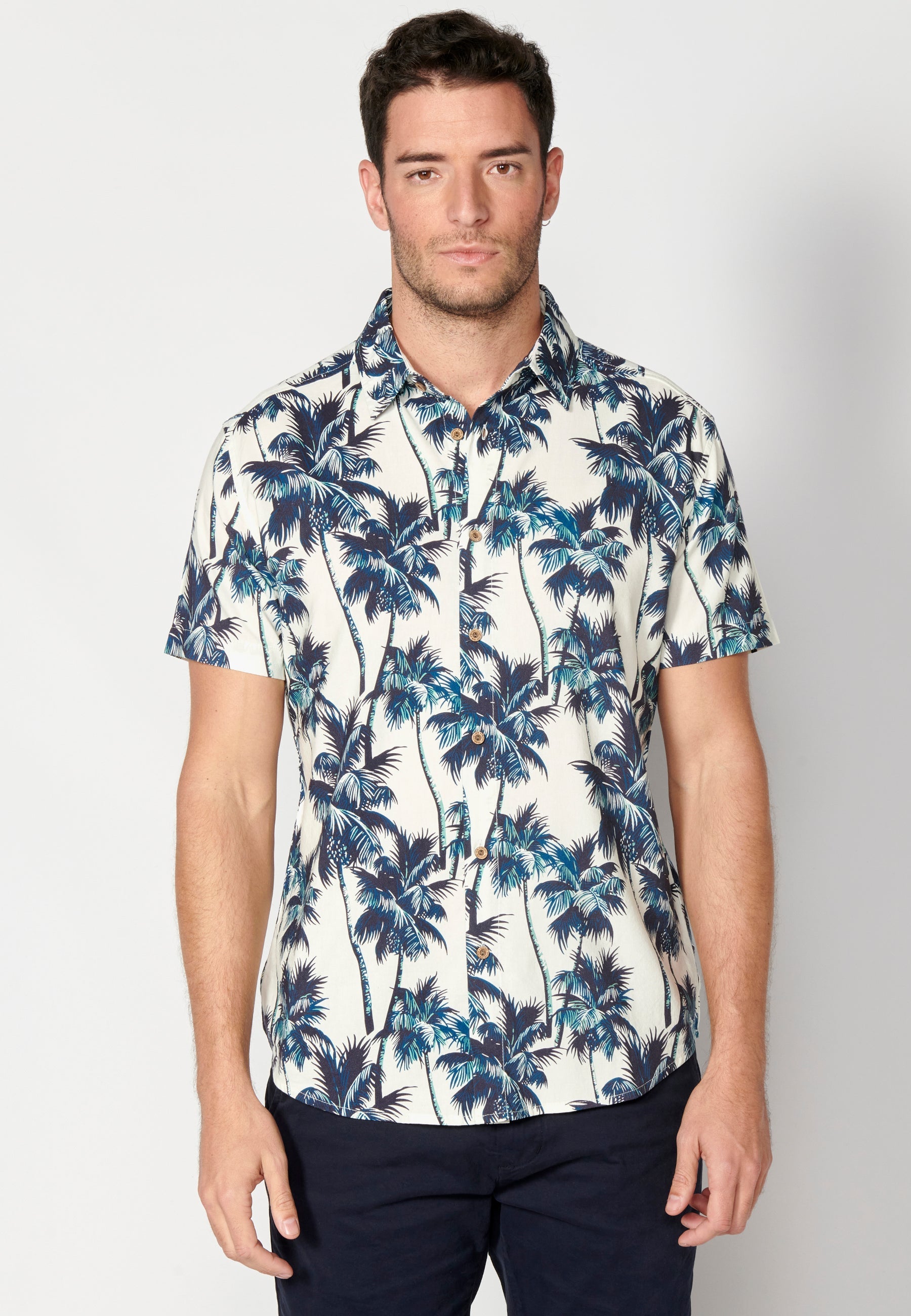 Camisa Hombre Manga Corta Estampado Palmeras Algodón Viscosa – Koroshi 2311CC39