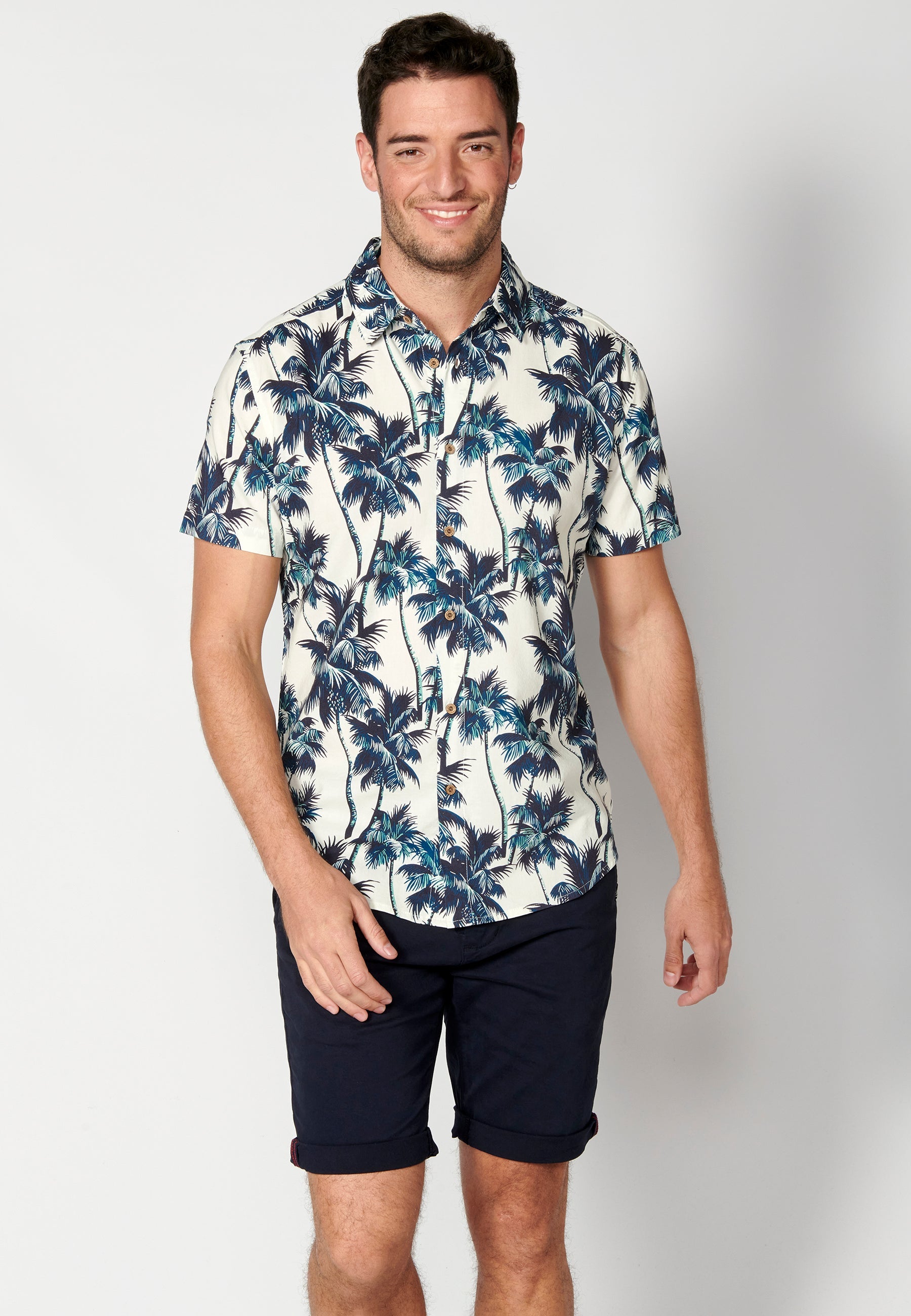 Camisa Hombre Manga Corta Estampado Palmeras Algodón Viscosa – Koroshi 2311CC39