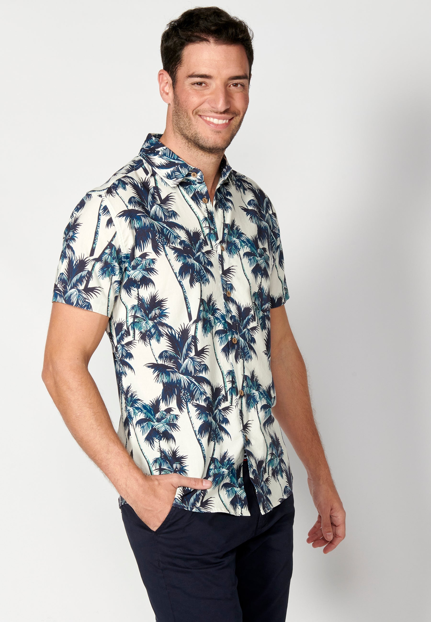 Camisa Hombre Manga Corta Estampado Palmeras Algodón Viscosa – Koroshi 2311CC39