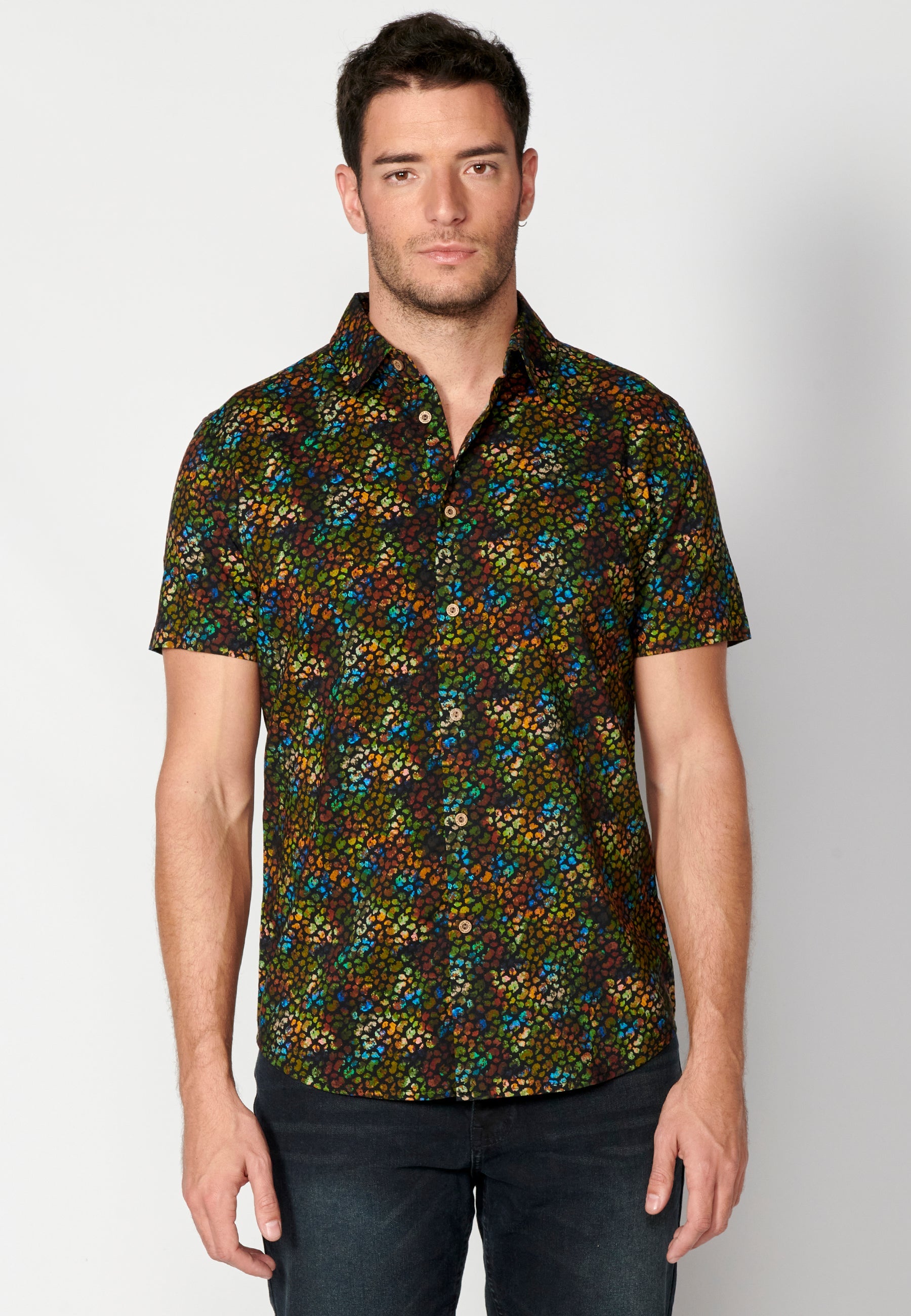 Camisa Hombre Manga Corta Estampado Palmeras Algodón Viscosa – Koroshi 2311CC39