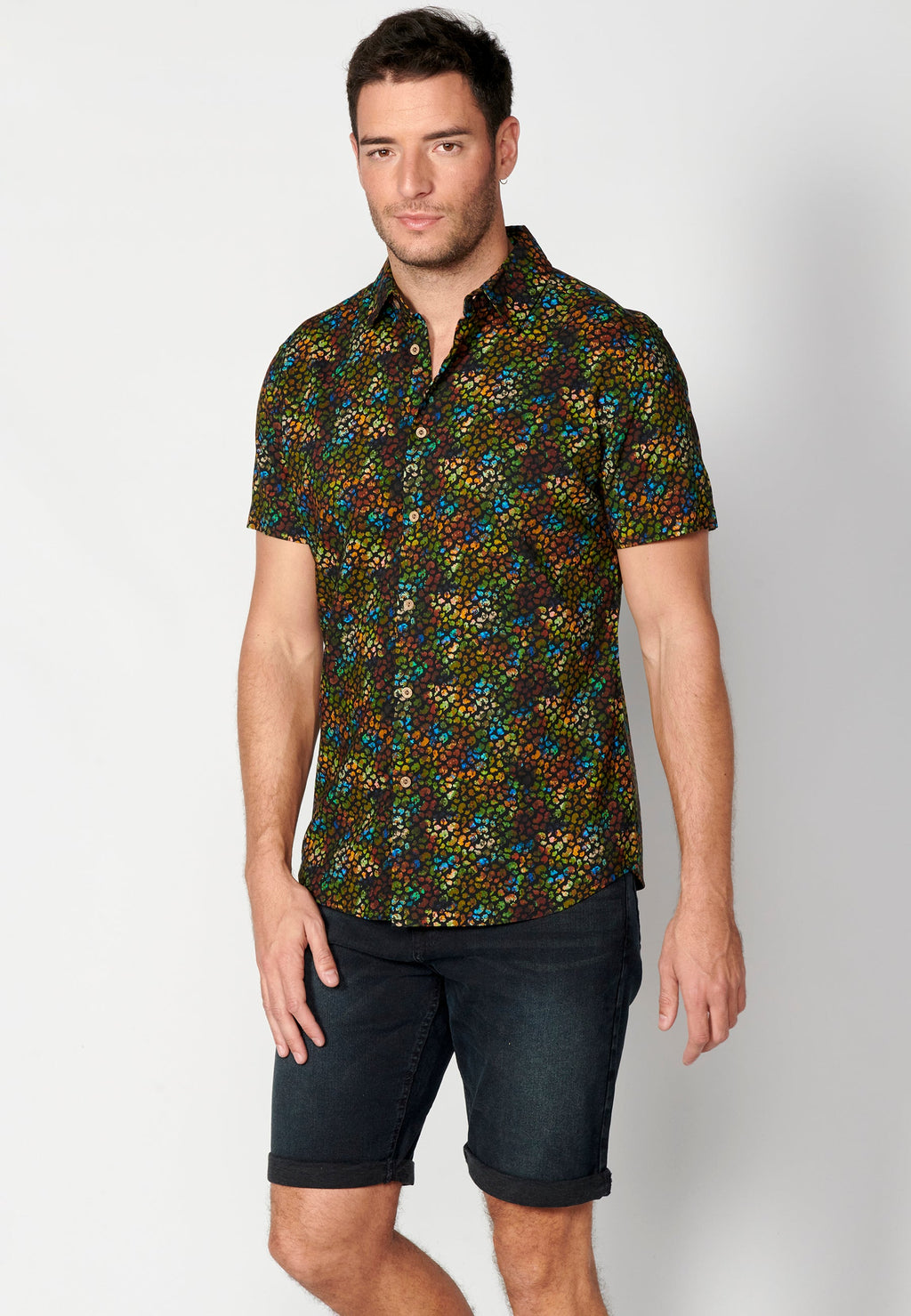 Camisa Hombre Manga Corta Estampado Palmeras Algodón Viscosa – Koroshi 2311CC39