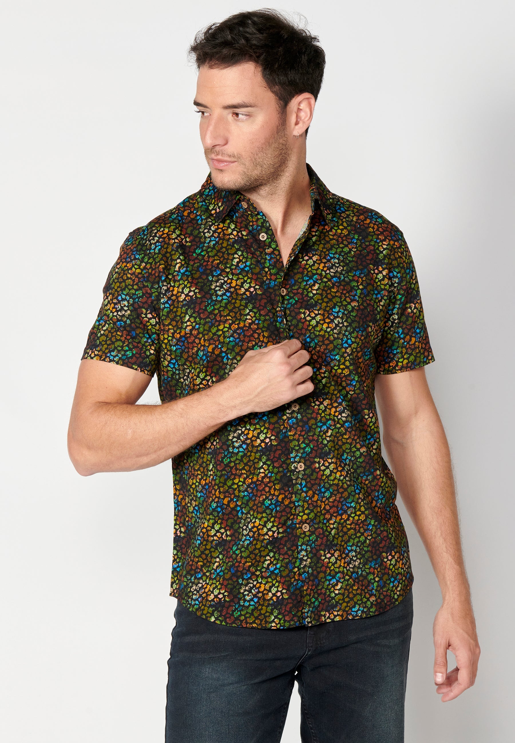 Camisa Hombre Manga Corta Estampado Palmeras Algodón Viscosa – Koroshi 2311CC39