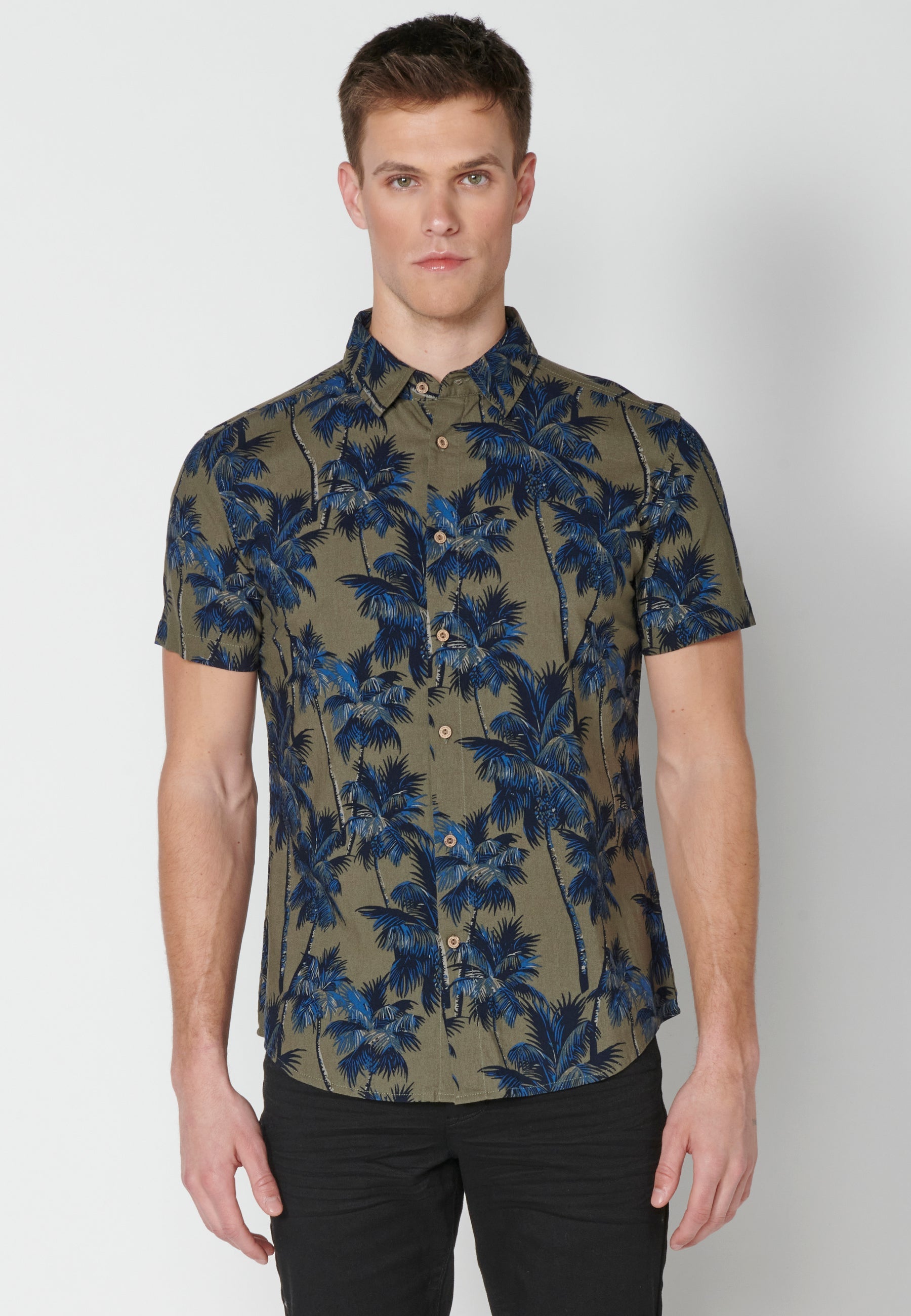 Camisa Hombre Manga Corta Estampado Palmeras Algodón Viscosa – Koroshi 2311CC39