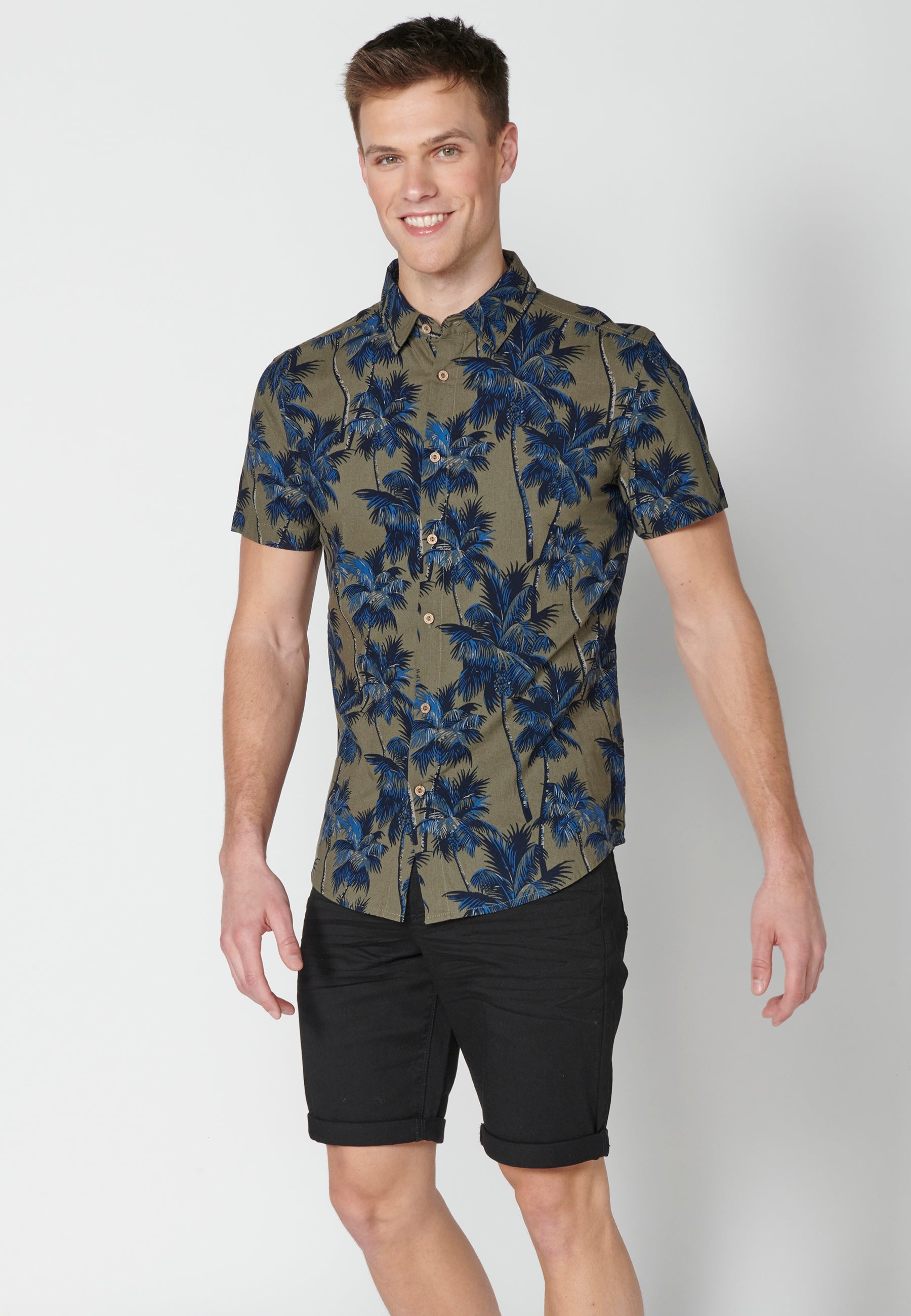 Camisa Hombre Manga Corta Estampado Palmeras Algodón Viscosa – Koroshi 2311CC39
